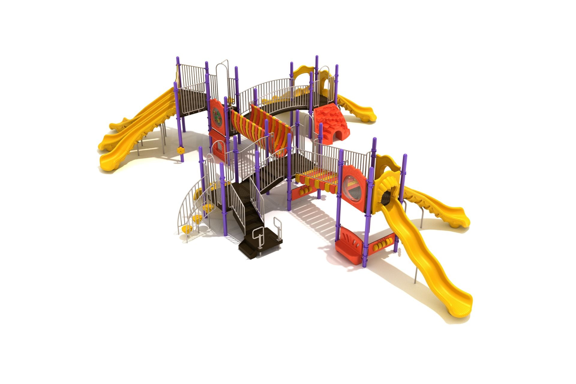 Royal Troon Playground large play system with yellow slides, purple posts, red panels, bridges, and climbers