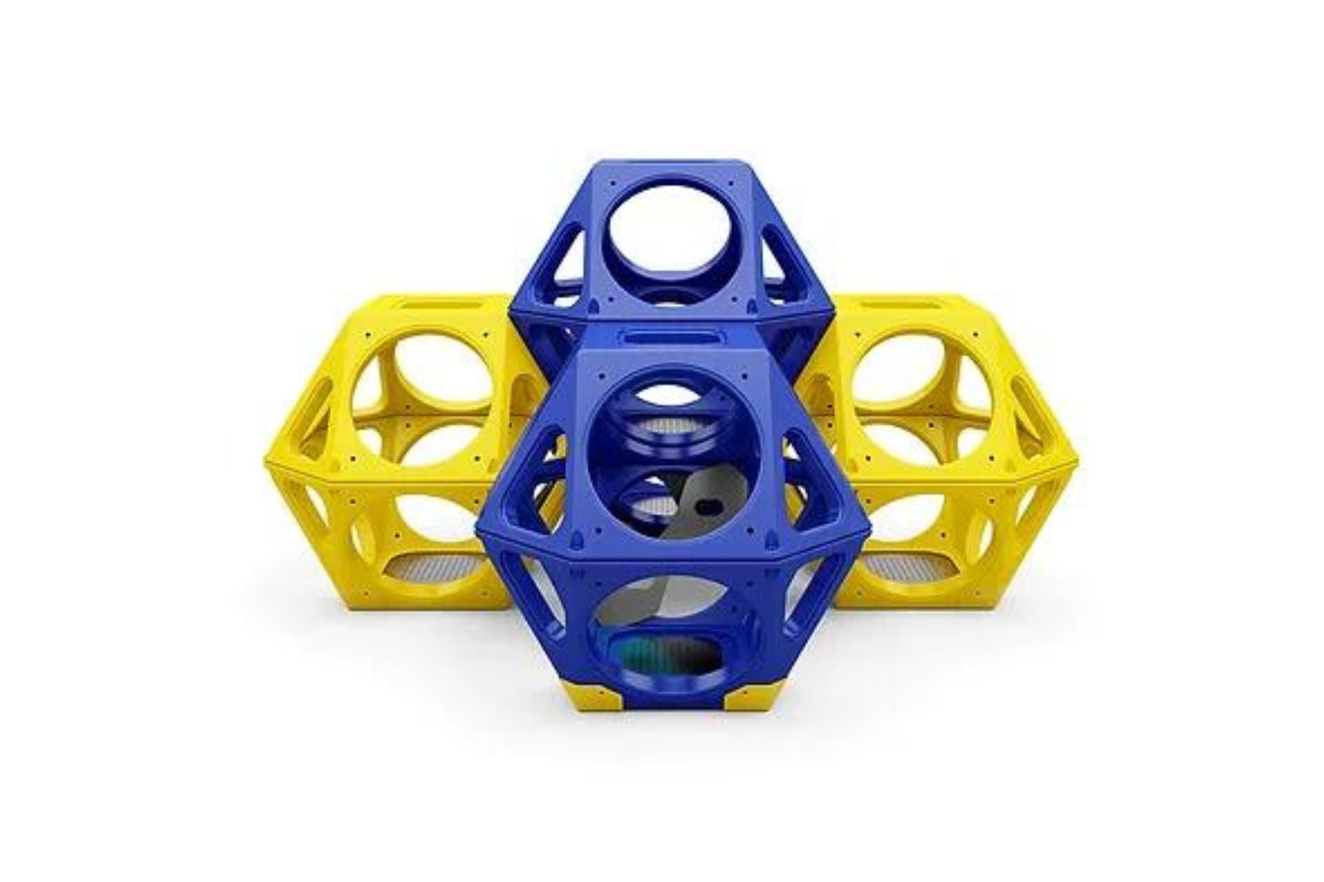 Cluster of five blue and yellow hollow climbing cubes designed for playground physical activity and creative play