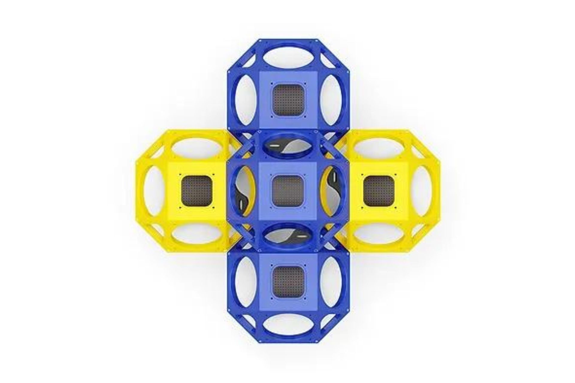 Overhead view of a colorful climbing cube cluster with blue and yellow geometric climbing structures