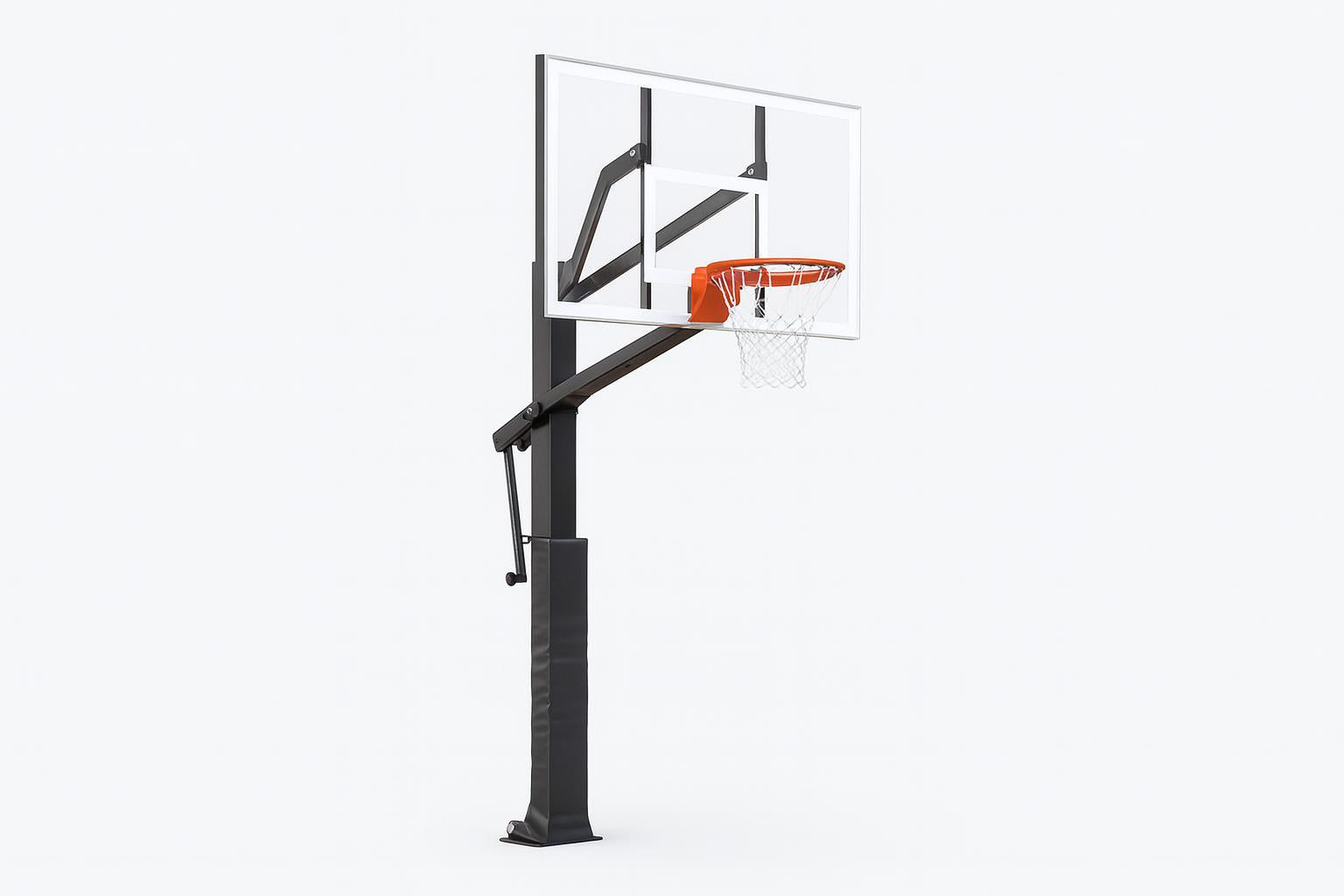 Adjustable Basketball Goal with Acrylic Backboard, breakaway rim, nylon net, black padded post in outdoor setting