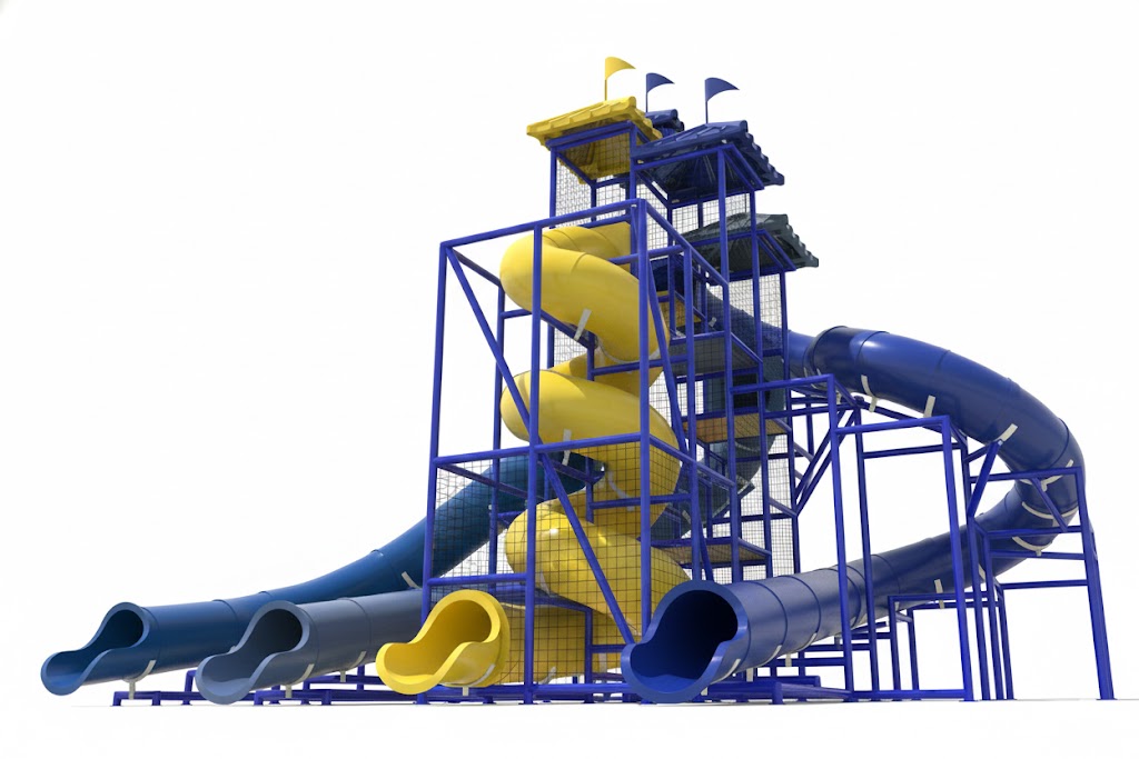 The Pacific Ocean Water Slide with four vibrant blue and yellow slides, including a tall spiral and three curved flumes beside a pool