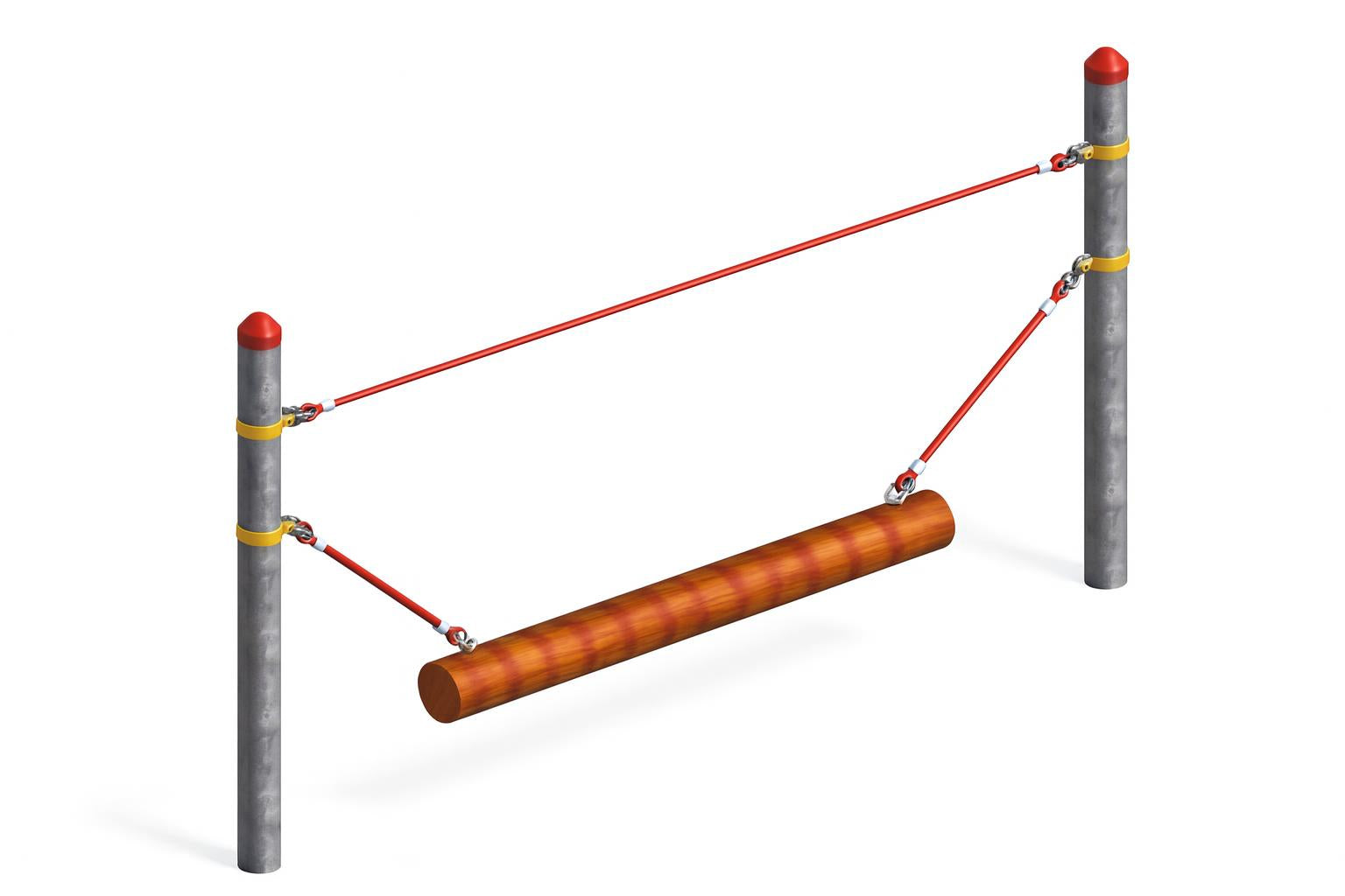 Wobble Beam outdoor balance beam with wooden plank suspended by red steel cables between two gray metal posts with red caps for climbing and coordination play