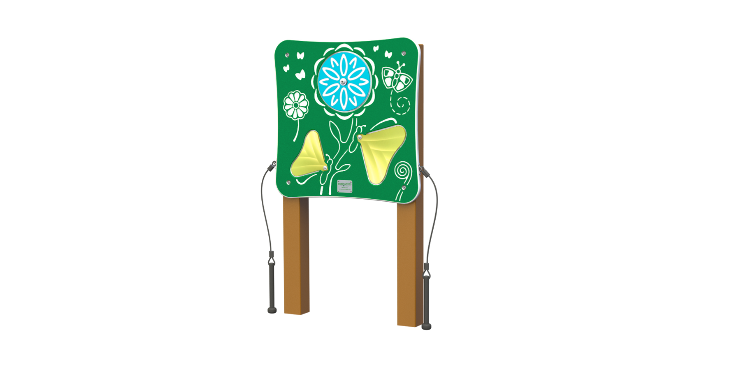 Spring Garden Panel outdoor musical play panel with green botanical design, yellow bell plates, and tethered mallets for parks and playgrounds