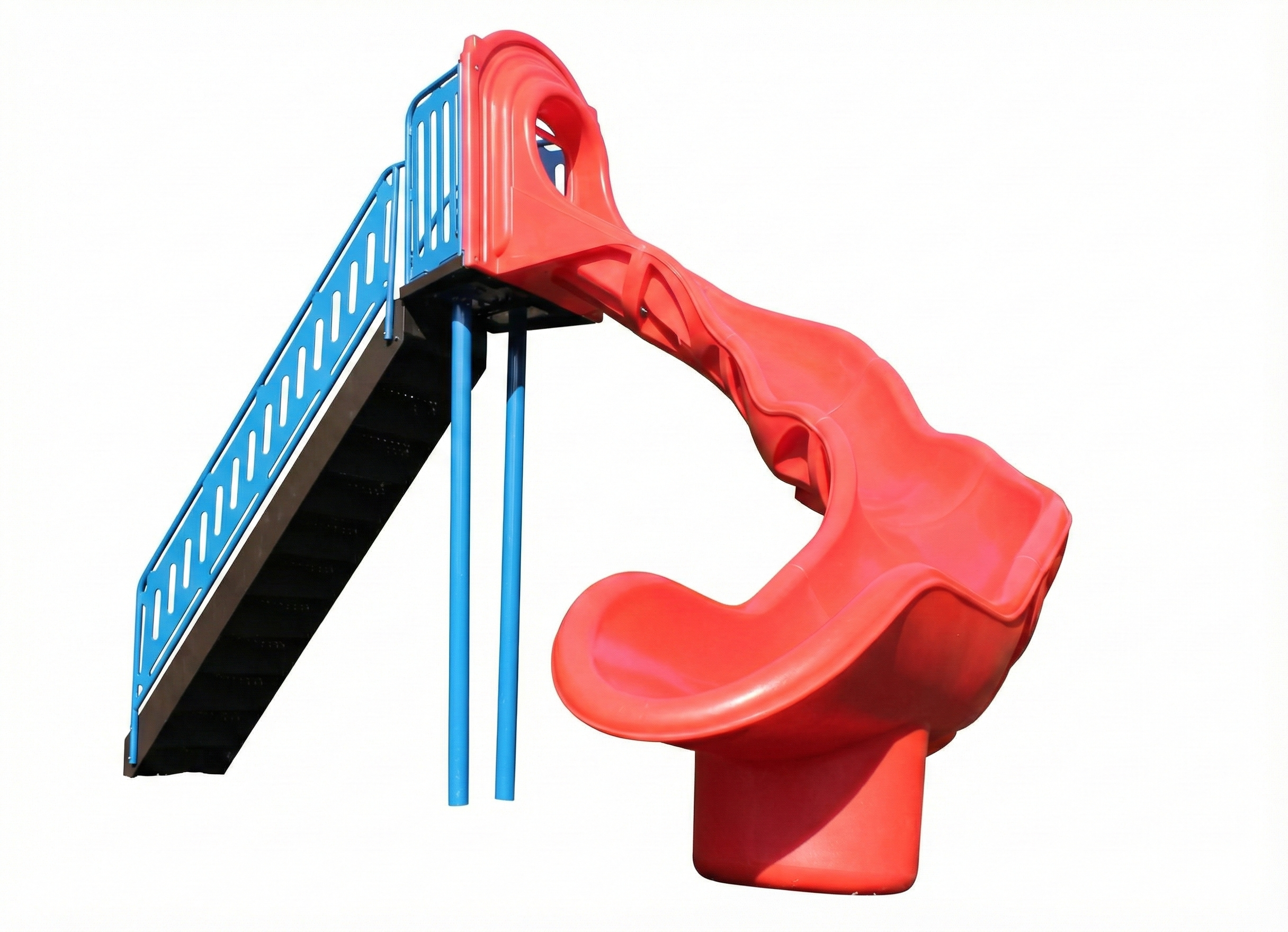 Independent Slide with red curved slide and blue stairs on mulch, durable outdoor playground equipment by WillyGoat