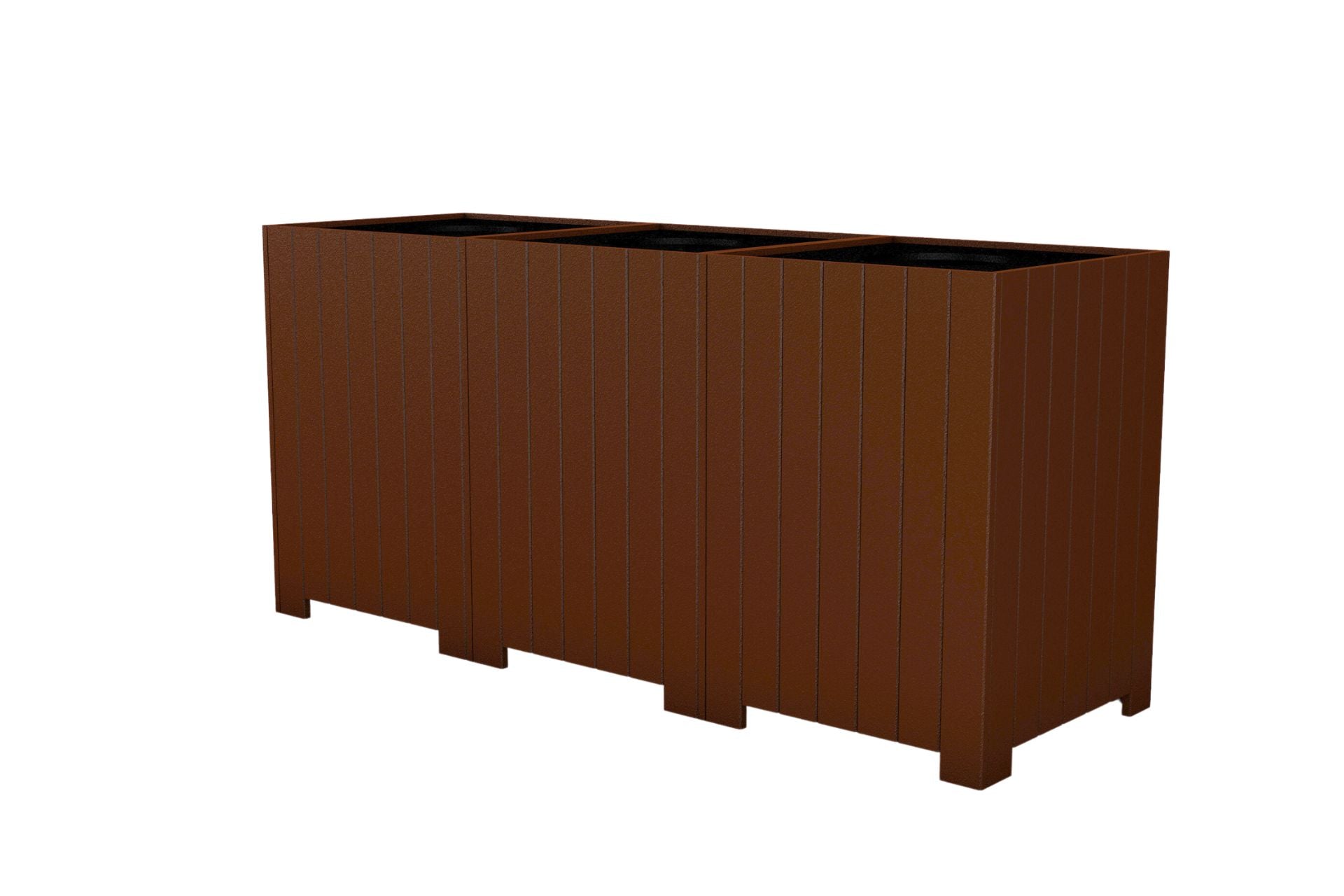 Square Recycling Center Receptacle in brown recycled plastic with three compartments and vertical panel design for outdoor recycling and waste disposal