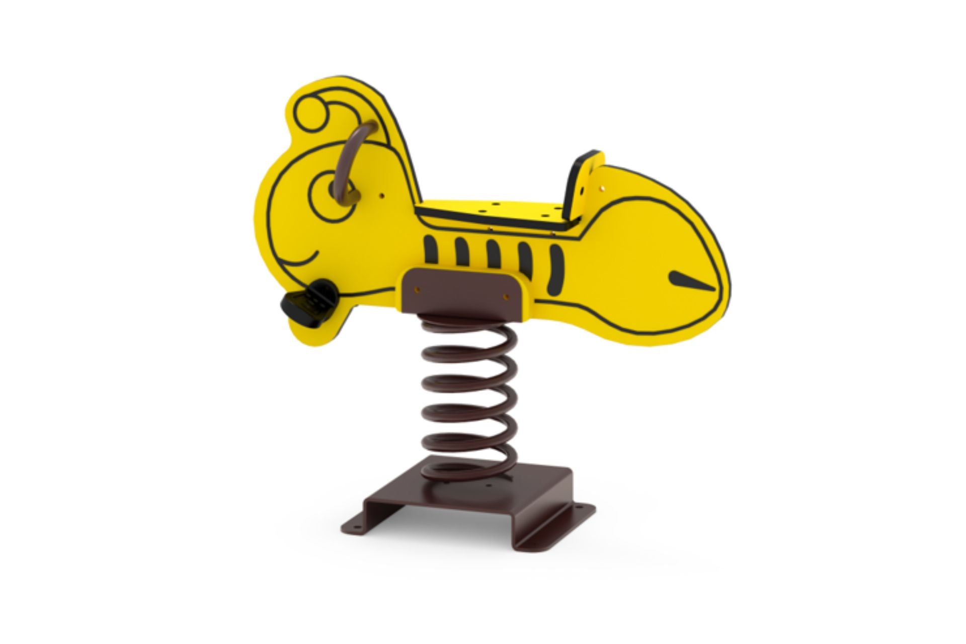 Bee Rider spring rider with yellow bee design, black stripes, brown spring base, and seat handles for playground fun