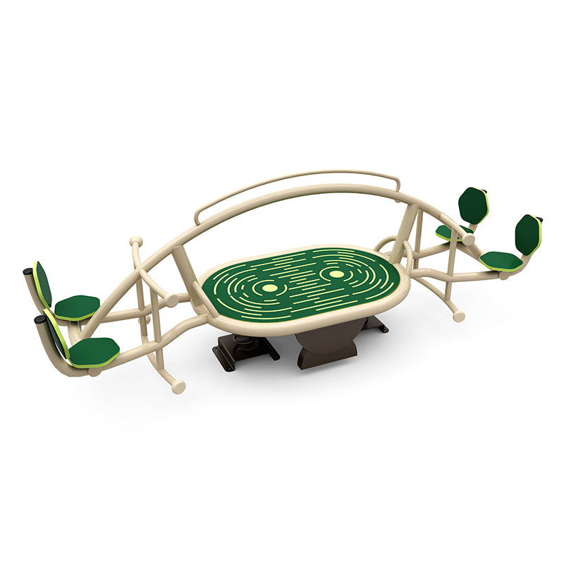 Bounce and Balance Spring Rider with beige frame, green patterned platform, and four green seats with backrests for outdoor play.