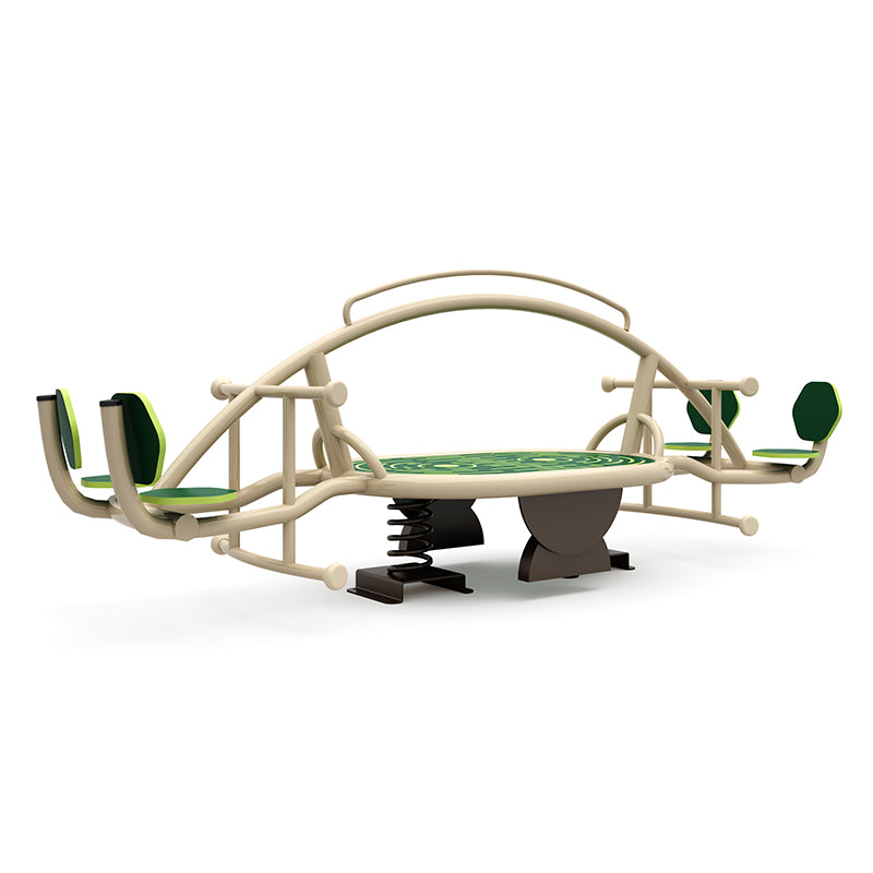 Multi-passenger outdoor spring rider with four green seats, beige frame, and central circular balance platform.