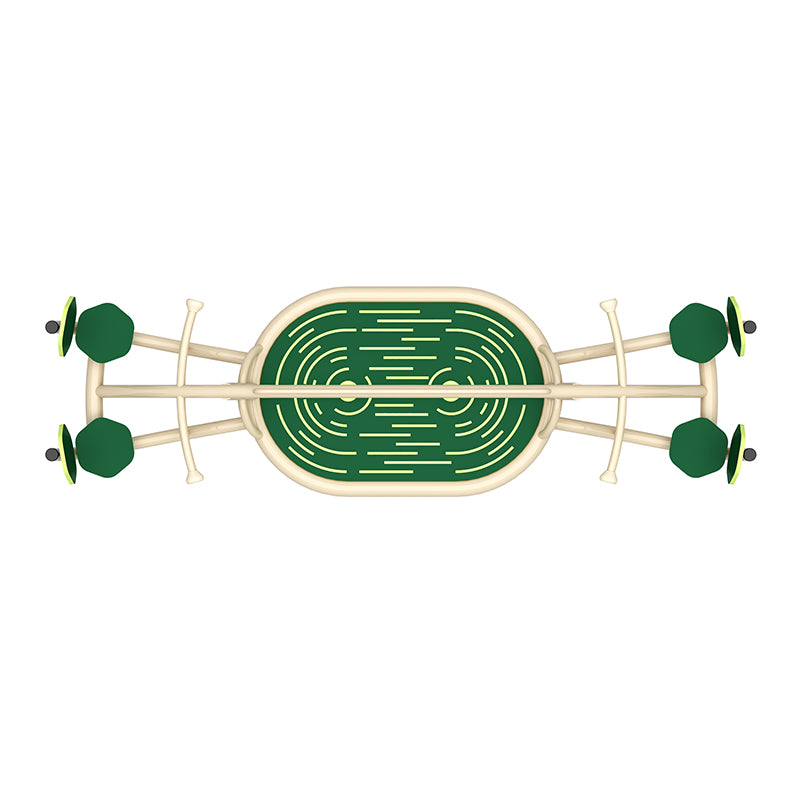 Overhead view of a multi-passenger spring rider with four green seats and beige frame for outdoor playground balance play