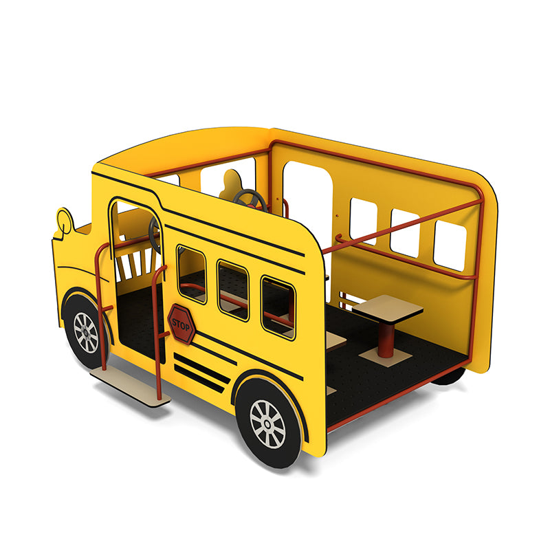 Yellow school bus spring rider playground equipment with open sides, steering wheels, benches, and stop sign detail