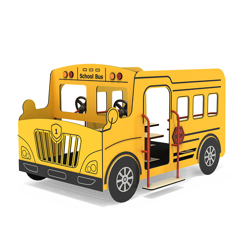 Bernice the School Bus Play Event yellow spring rider with steering wheels and entry steps on playground equipment