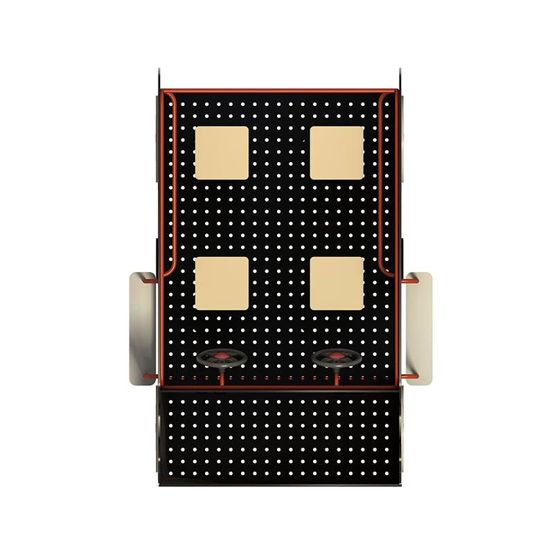 Overhead view of a black and beige playground spring rider shaped like a school bus with two steering wheels and four square windows