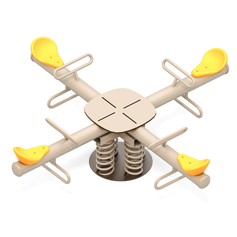 Quad-Seesaw Four Seat Spring Rider with yellow seats, beige frame, and central dual springs for balanced playground fun