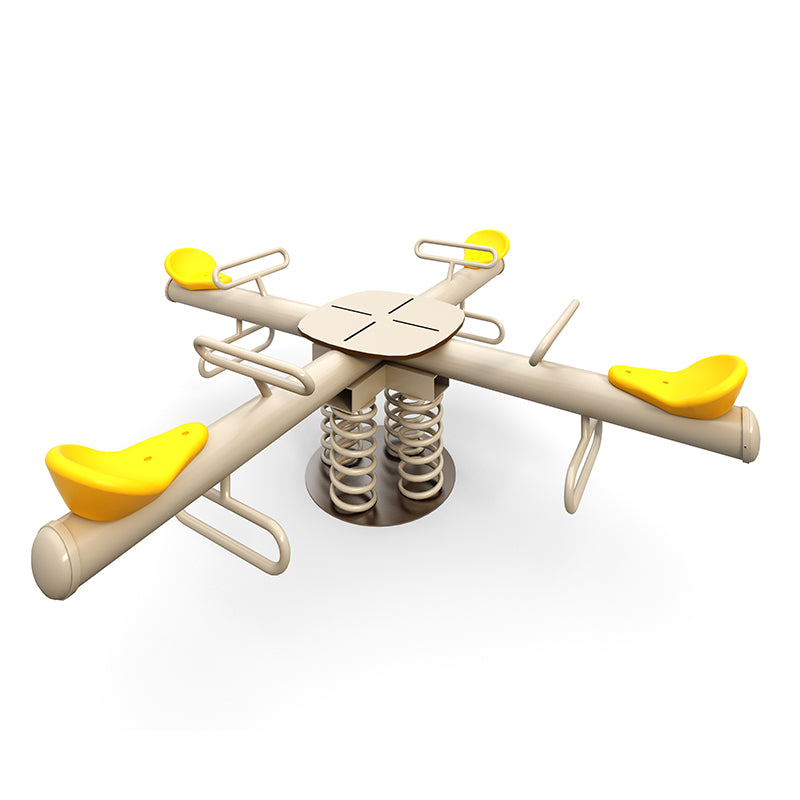 Four-seat spring seesaw with yellow seats and beige frame designed for cooperative outdoor play and balance activities.