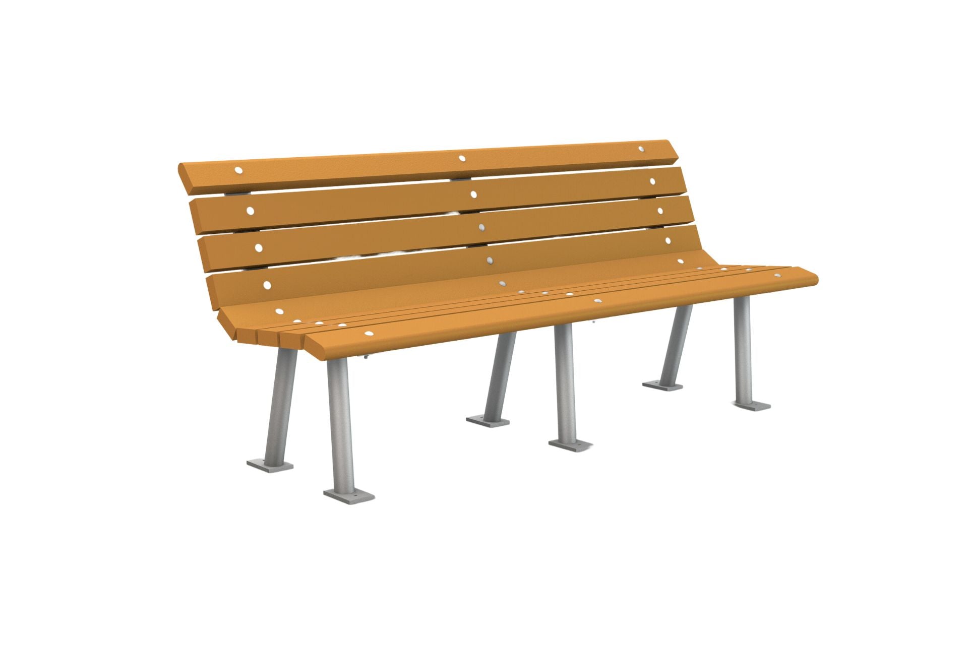 St. Pete Recycled Plastic Park Bench with angled silver legs and horizontal brown slats, modern eco-friendly outdoor seating