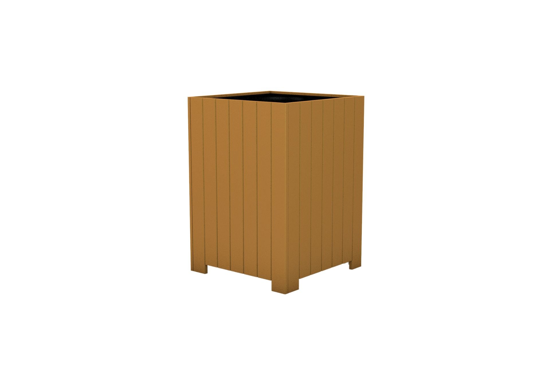 Standard Square Recycled Plastic Trash Receptacle in brown with vertical slats and open top for outdoor use