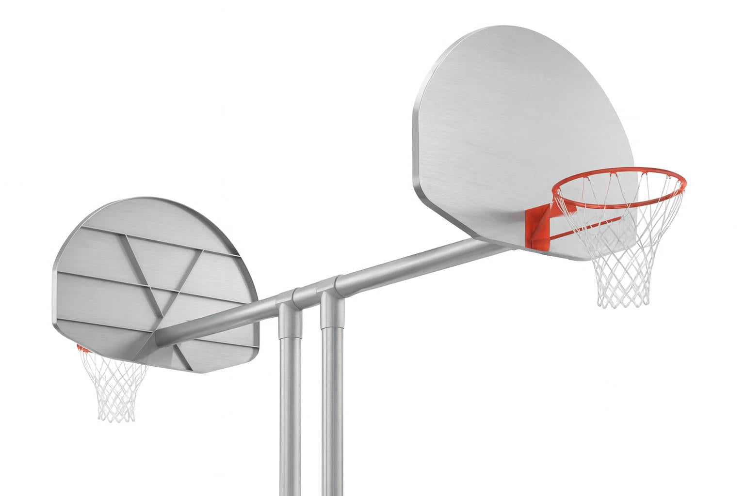 Double Basketball Goal with aluminum fan backboards, galvanized steel posts, orange rims, and white nets against blue sky