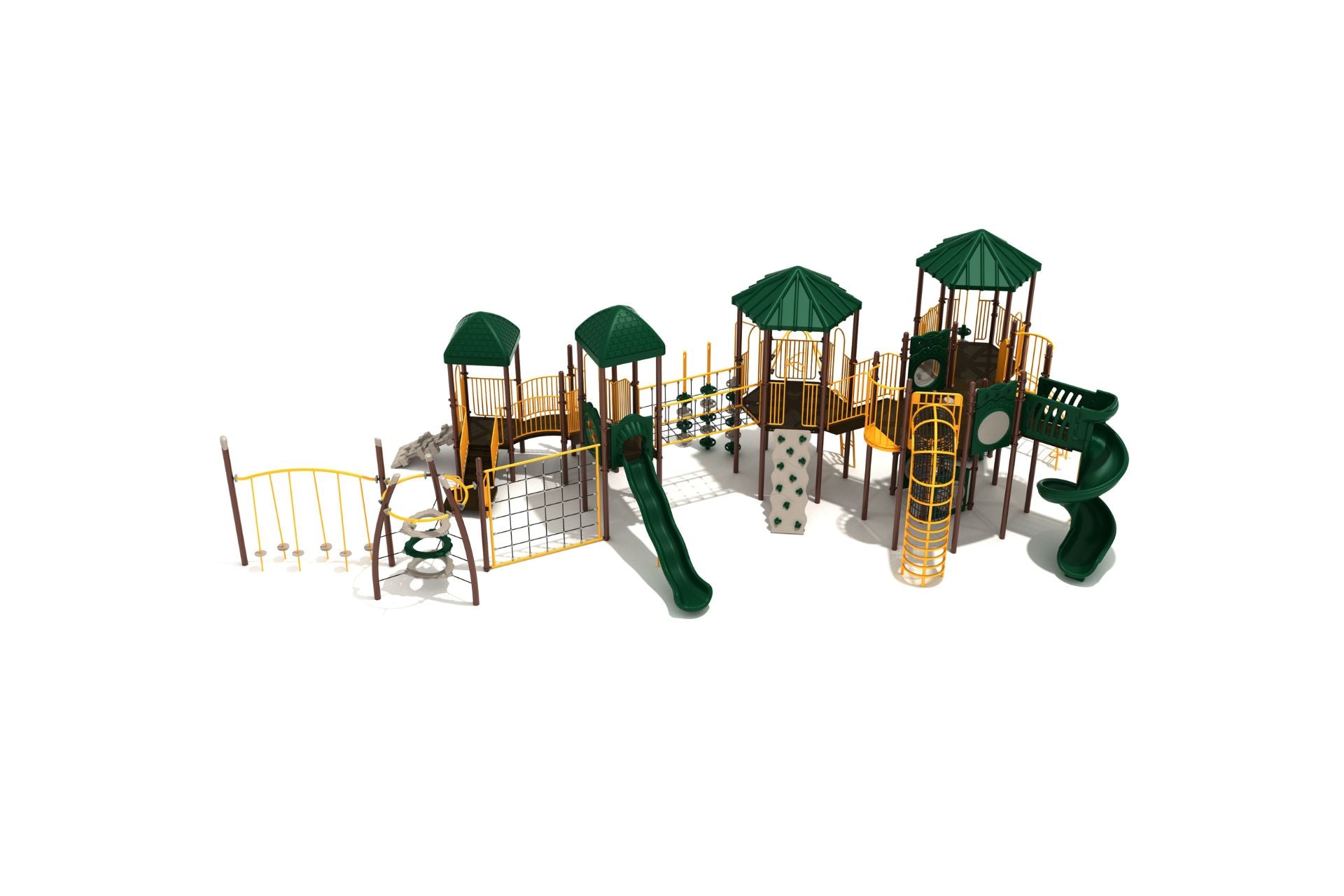 Saddlebrook Farms Playground large play system with green roofs, multiple slides, climbing nets, bridges, and interactive music panels on white background
