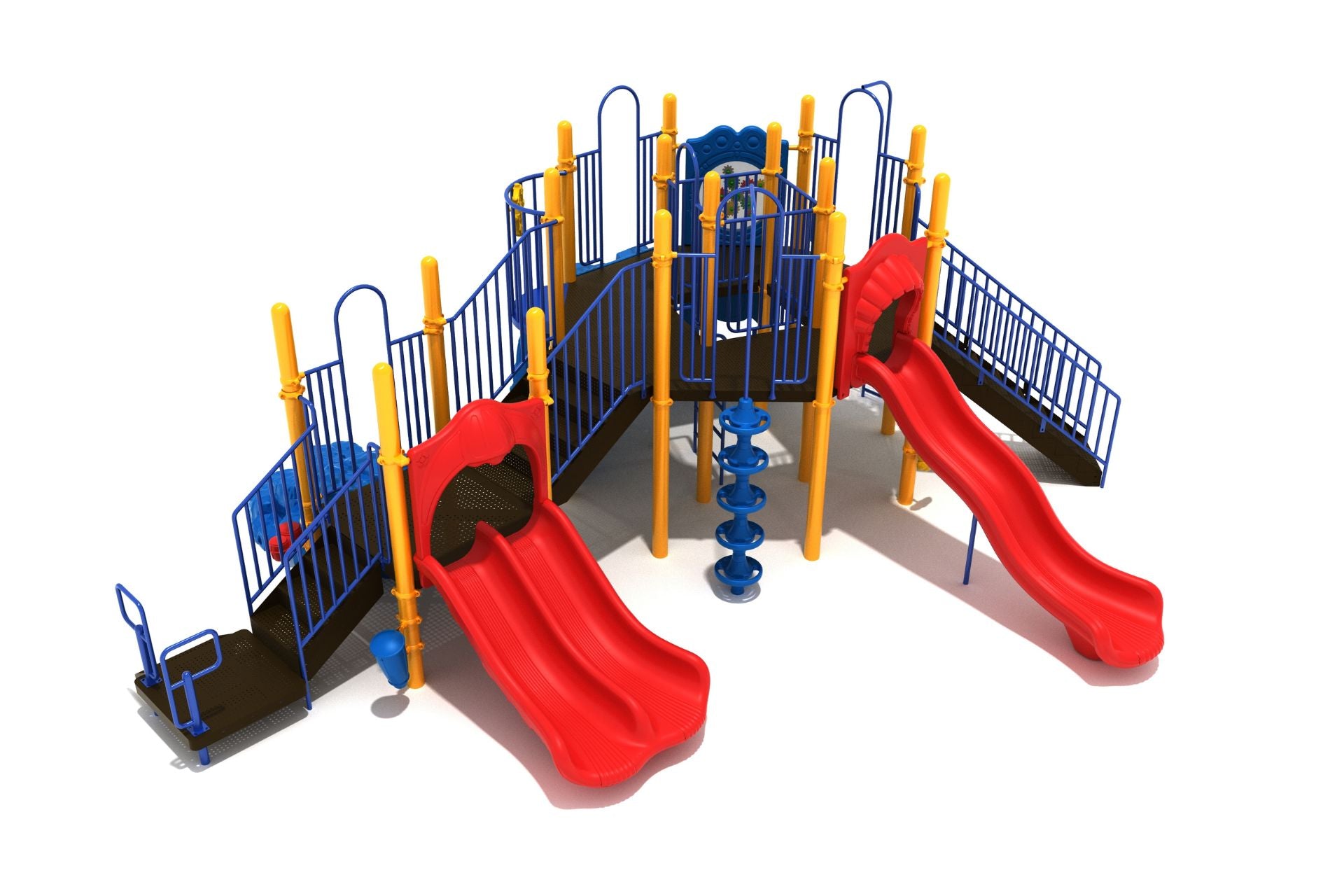 San Luis Playground large play system with octagonal deck, vertical ladder, red wave slide, blue and yellow climbers, and activity panels