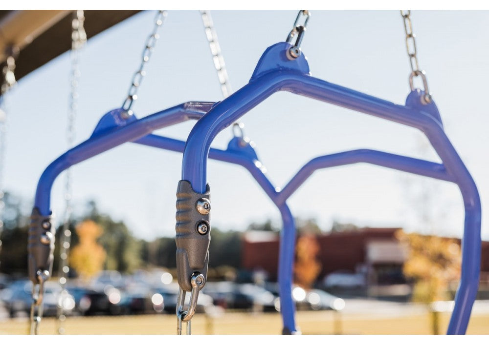 Close-up of blue powder-coated steel frame and chain suspension of an intergenerational playground swing seat