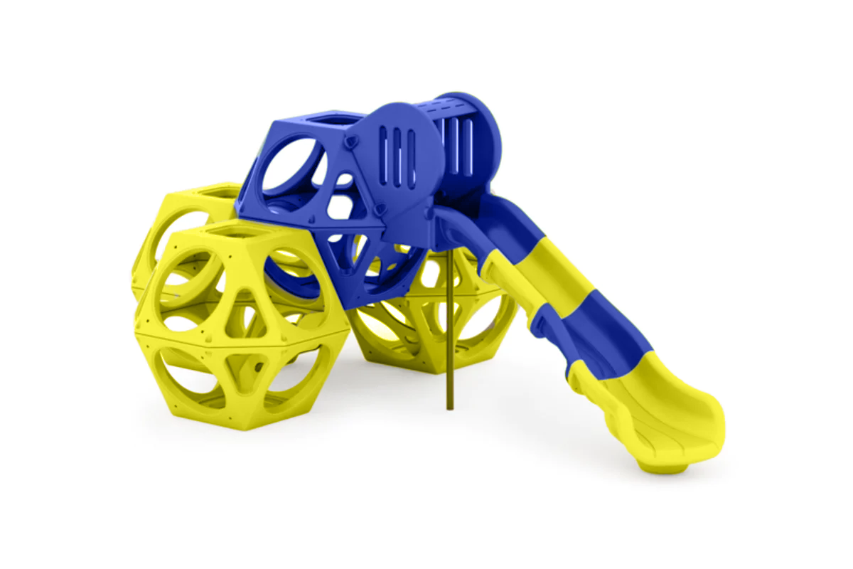 Blue and yellow modular cube climbing structure with geometric open-frame design and integrated slide for active outdoor play