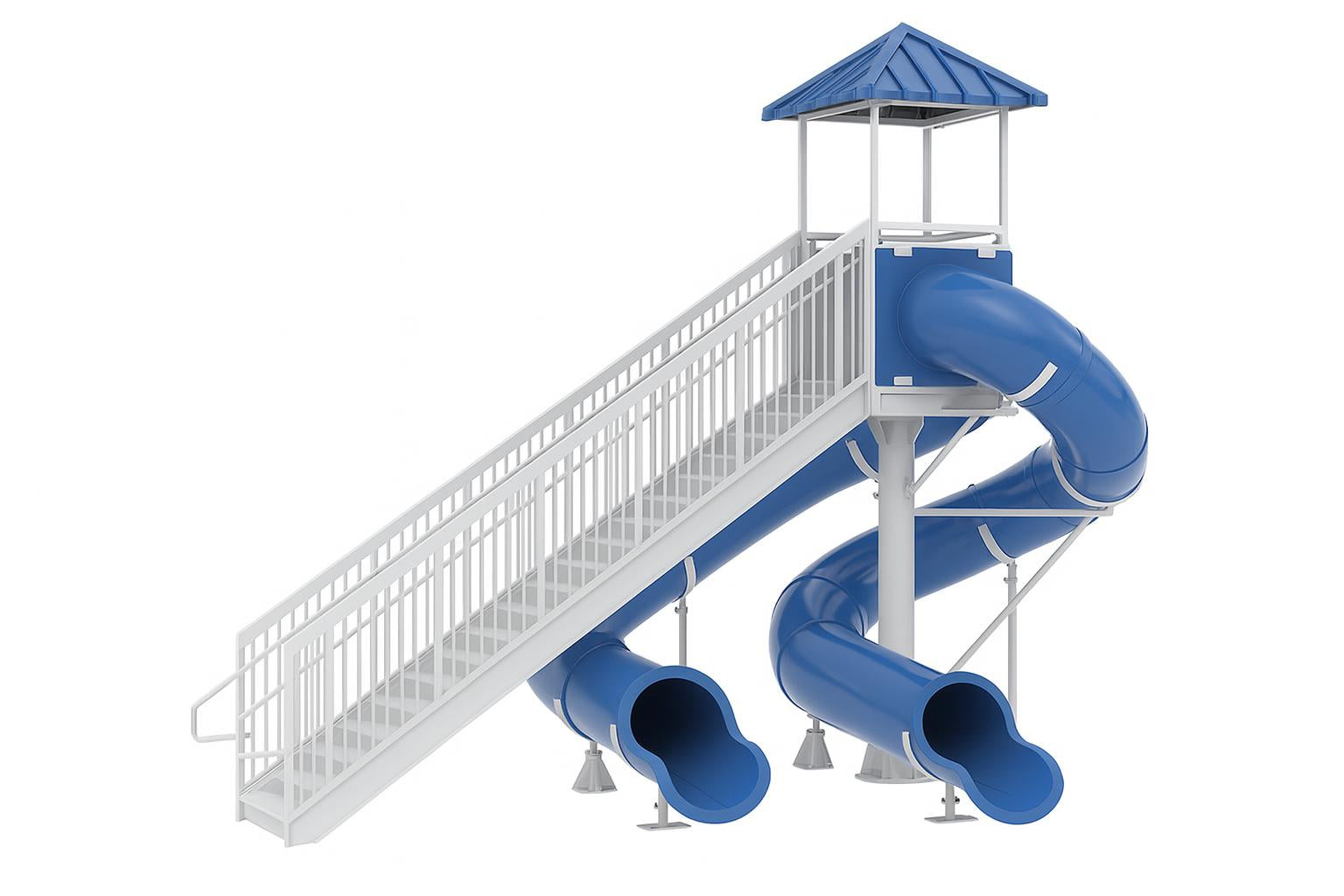 Yosemite Falls Water Slide with large blue dual spiral and straight chutes, white railing stairs, blue roofed tower, lifeguard figure, poolside palm trees