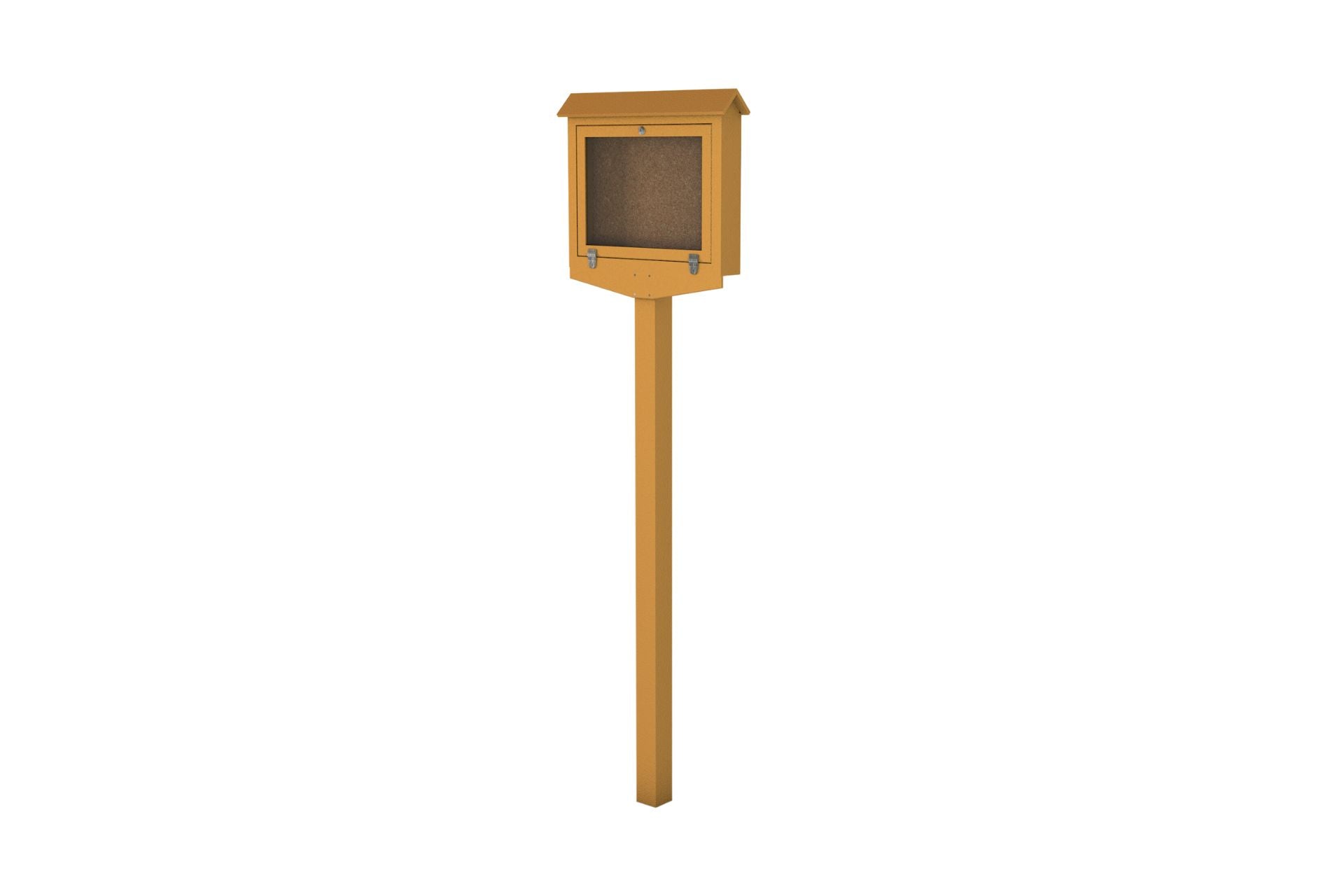 Small Recycled Plastic Hinged Message Center with weather-resistant door and single natural wood tone post for outdoor notices