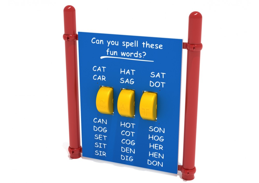 Freestanding Spelling Panel with Posts featuring three yellow rotating letter wheels and a blue board with example words for playground learning