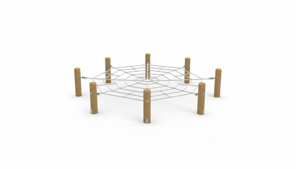 Spider Web Net climbing equipment with white rope webbing stretched between eight wooden posts for playground use