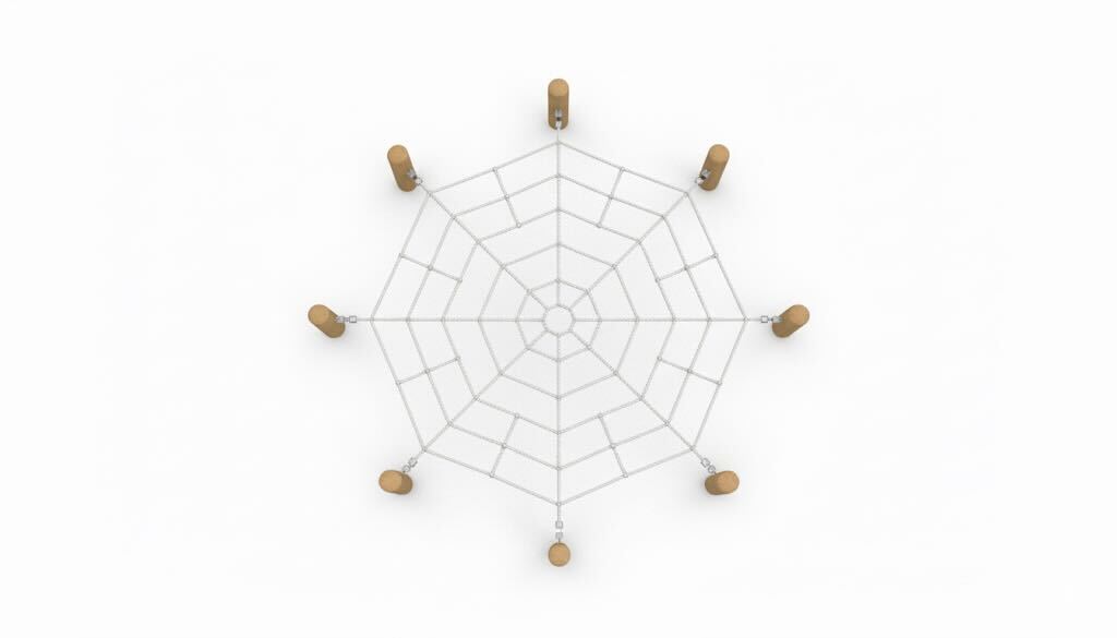 Overhead view of circular spider web climbing net with eight wooden support posts arranged evenly around it