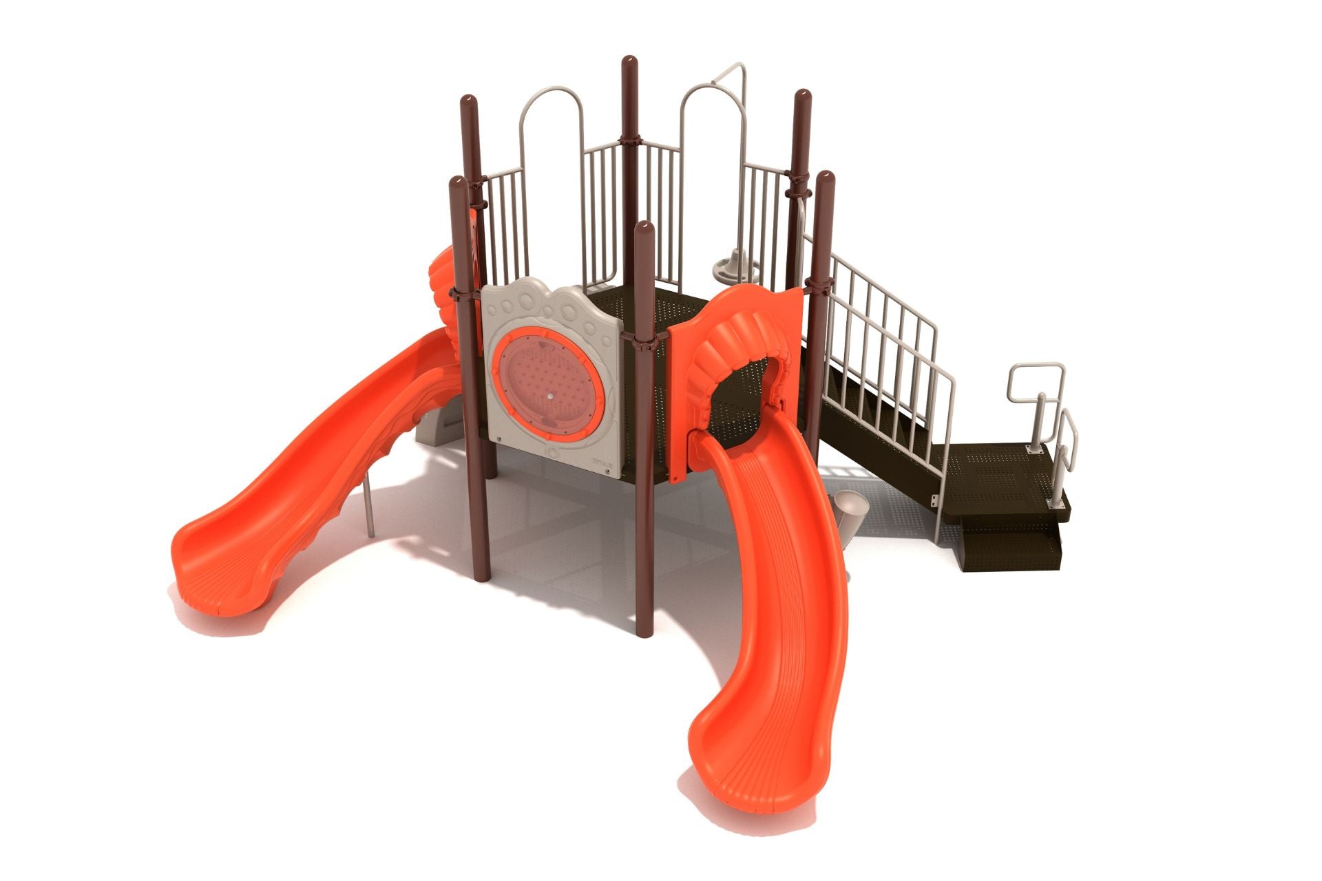Spinnaker Cove Playground with hexagon deck, left and right turn slides, rock hole climber, pod climber, Plinko panel, rain wheel, and single drum
