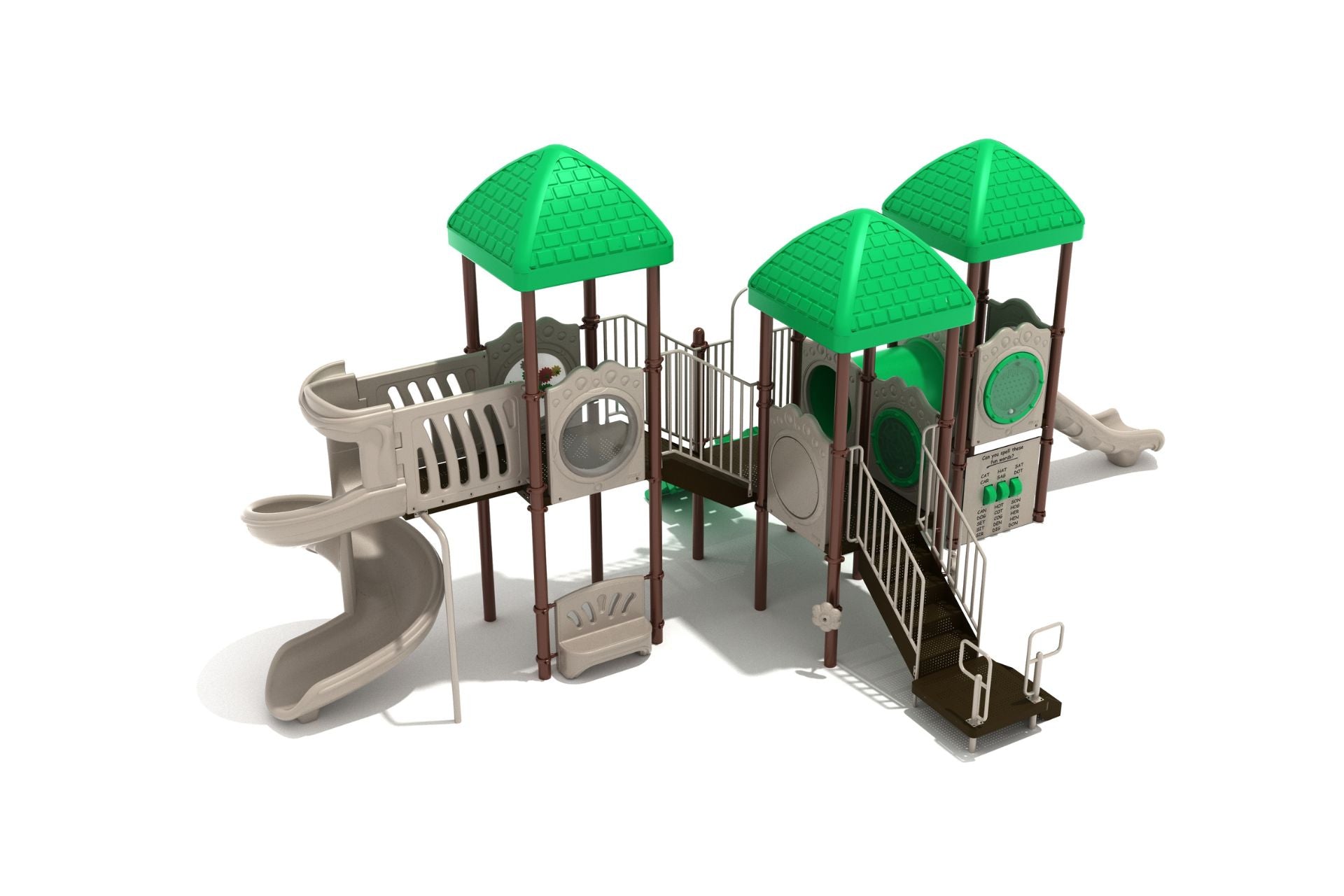 Springmill Meadows Playground with green roofs, beige slides, tube bridge, tic-tac-toe and spelling panels, accessible ramp