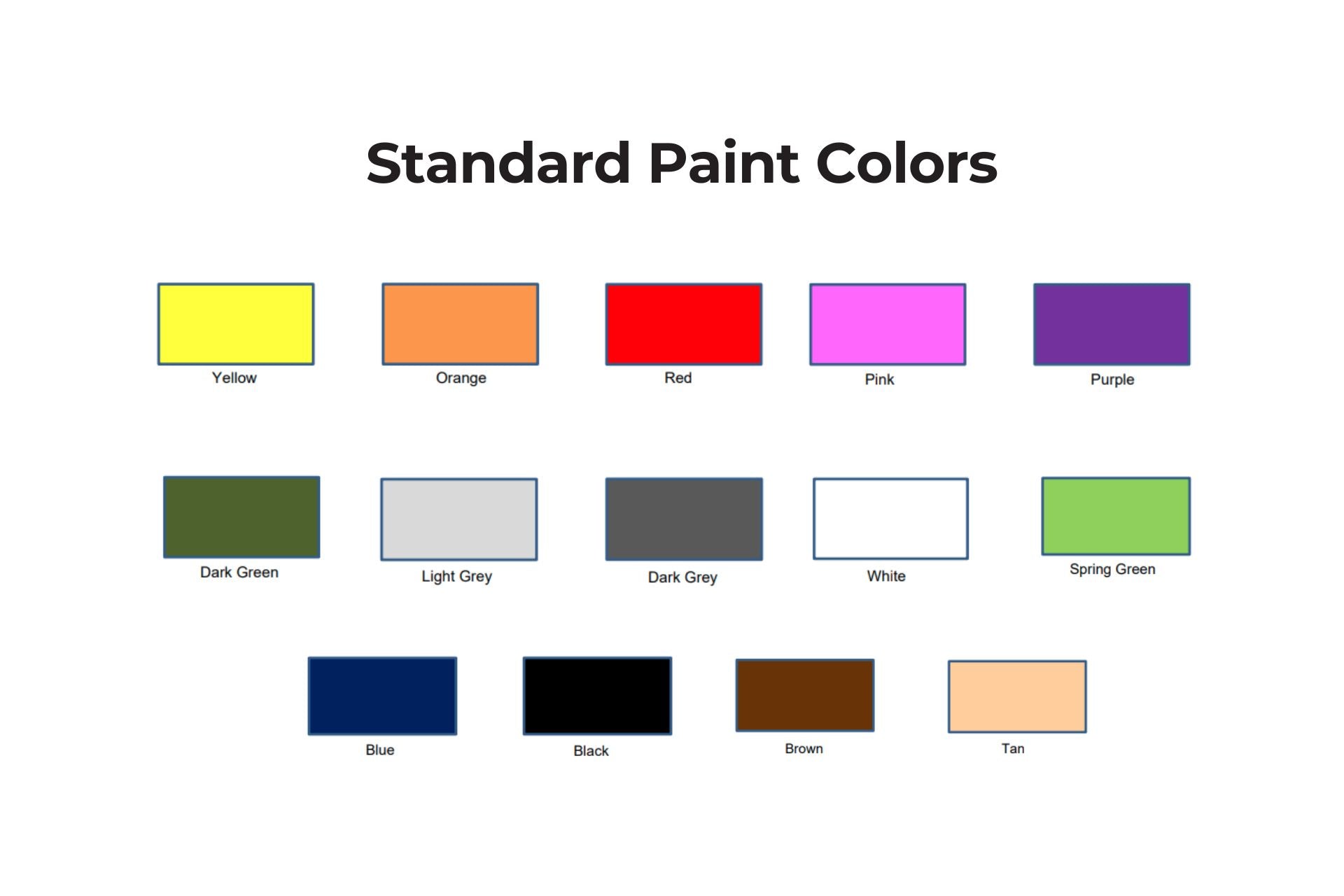 Grid of 15 standard paint color swatches including yellow, orange, red, pink, purple, dark green, light grey, dark grey, white, spring green, blue, black, brown, and tan.