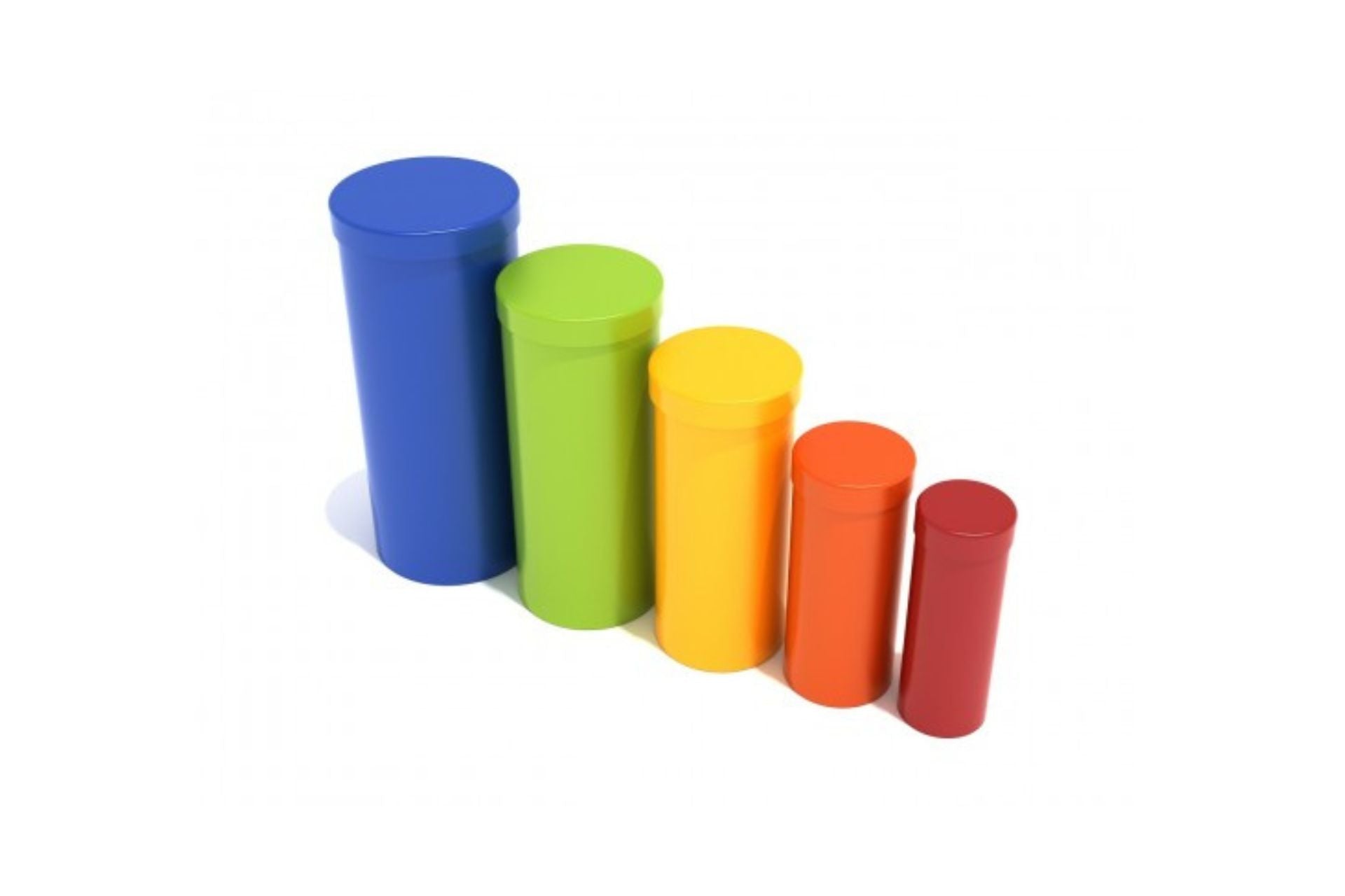 Standing Drum Quintet with five colorful cylindrical outdoor musical drums in blue, green, yellow, orange, and red, arranged by height