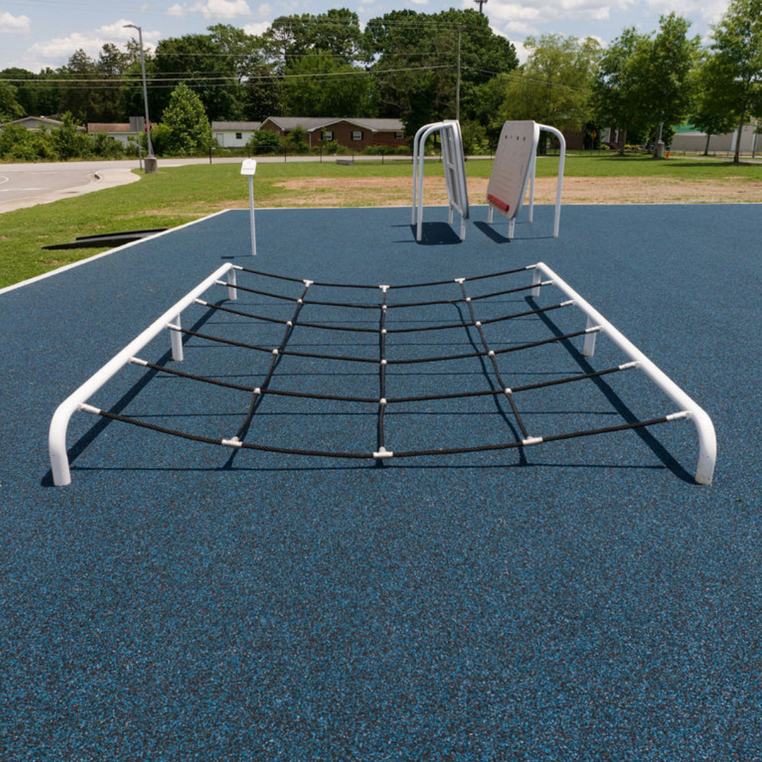 ActionFit Kids Step Zone outdoor fitness equipment with black net climbing structure on blue surface