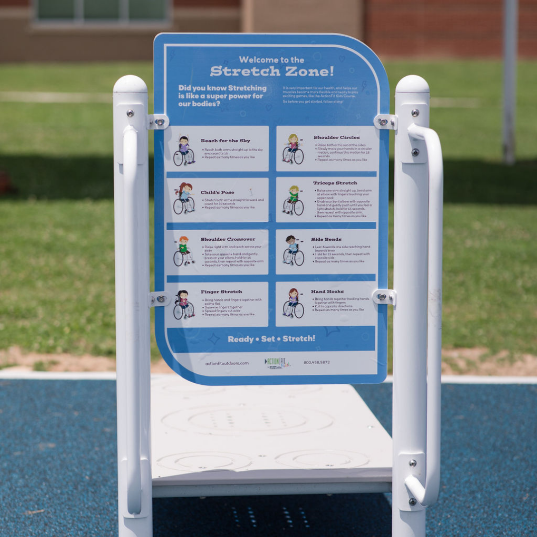 Colorful outdoor kids' stretch zone panel featuring wheelchair user illustrations demonstrating various stretching exercises.