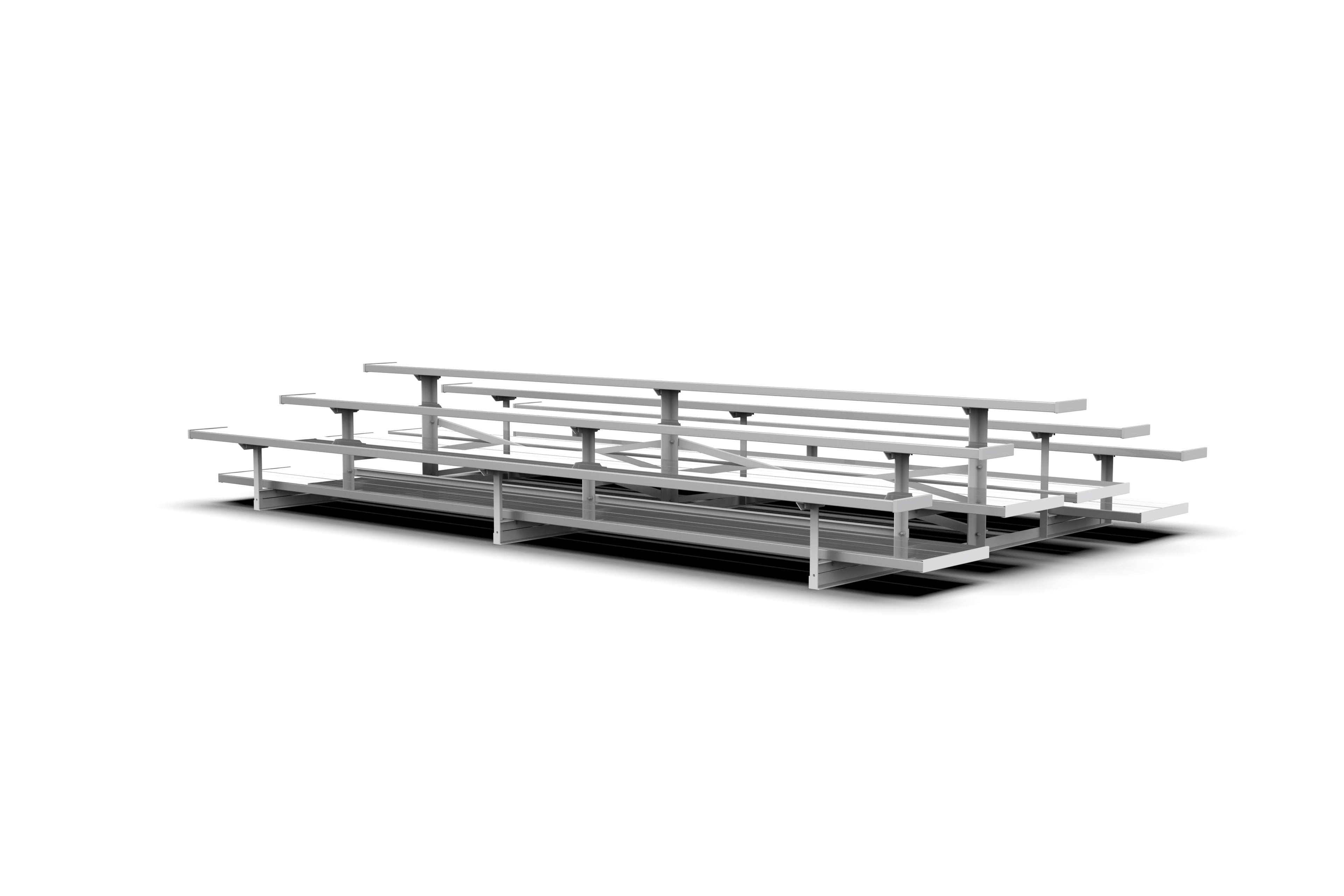 Three-row tiered back-to-back aluminum bleachers with anodized seat planks and mill finish foot planks