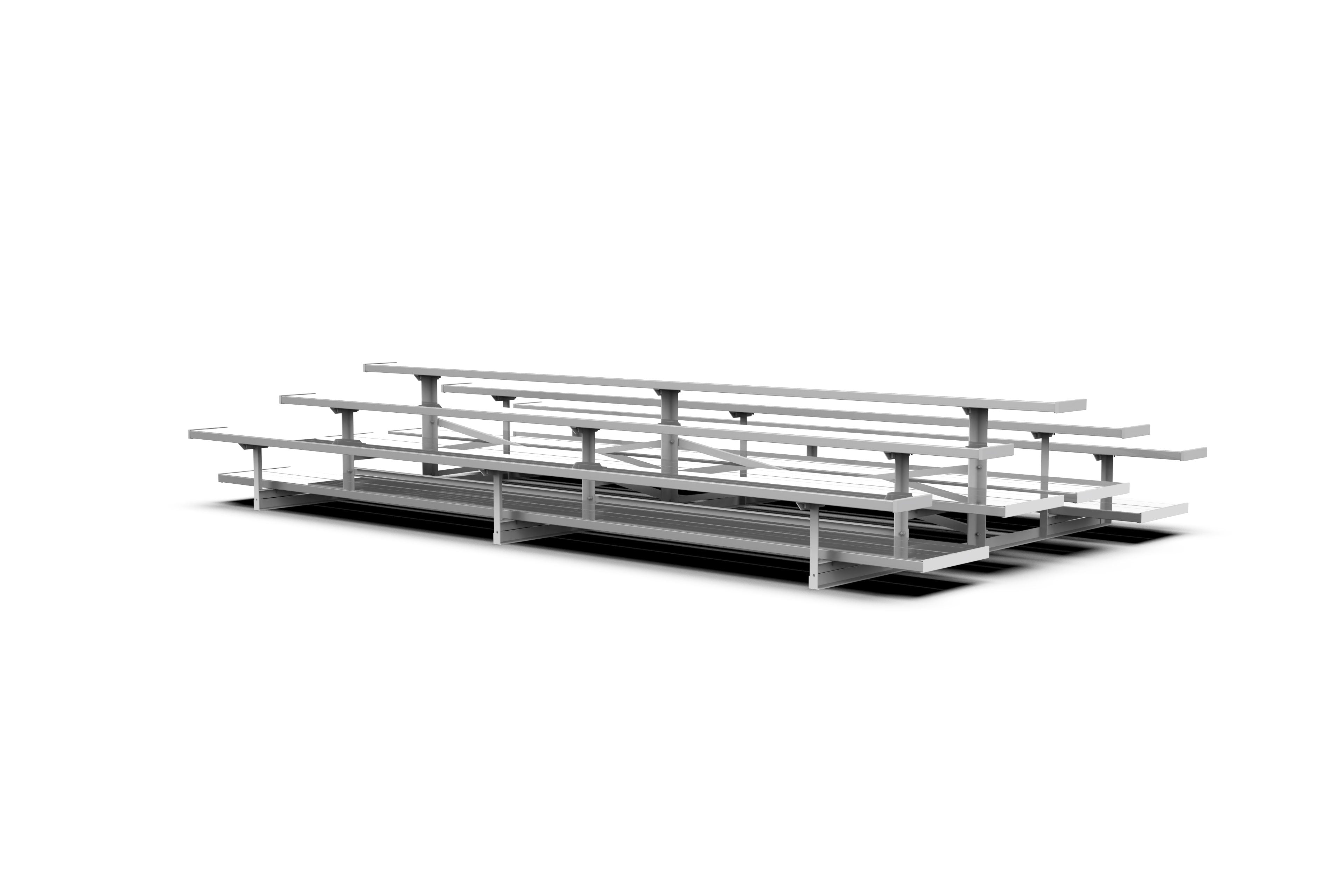 Three-row tiered back-to-back aluminum bleachers with anodized seat planks and mill finish foot planks