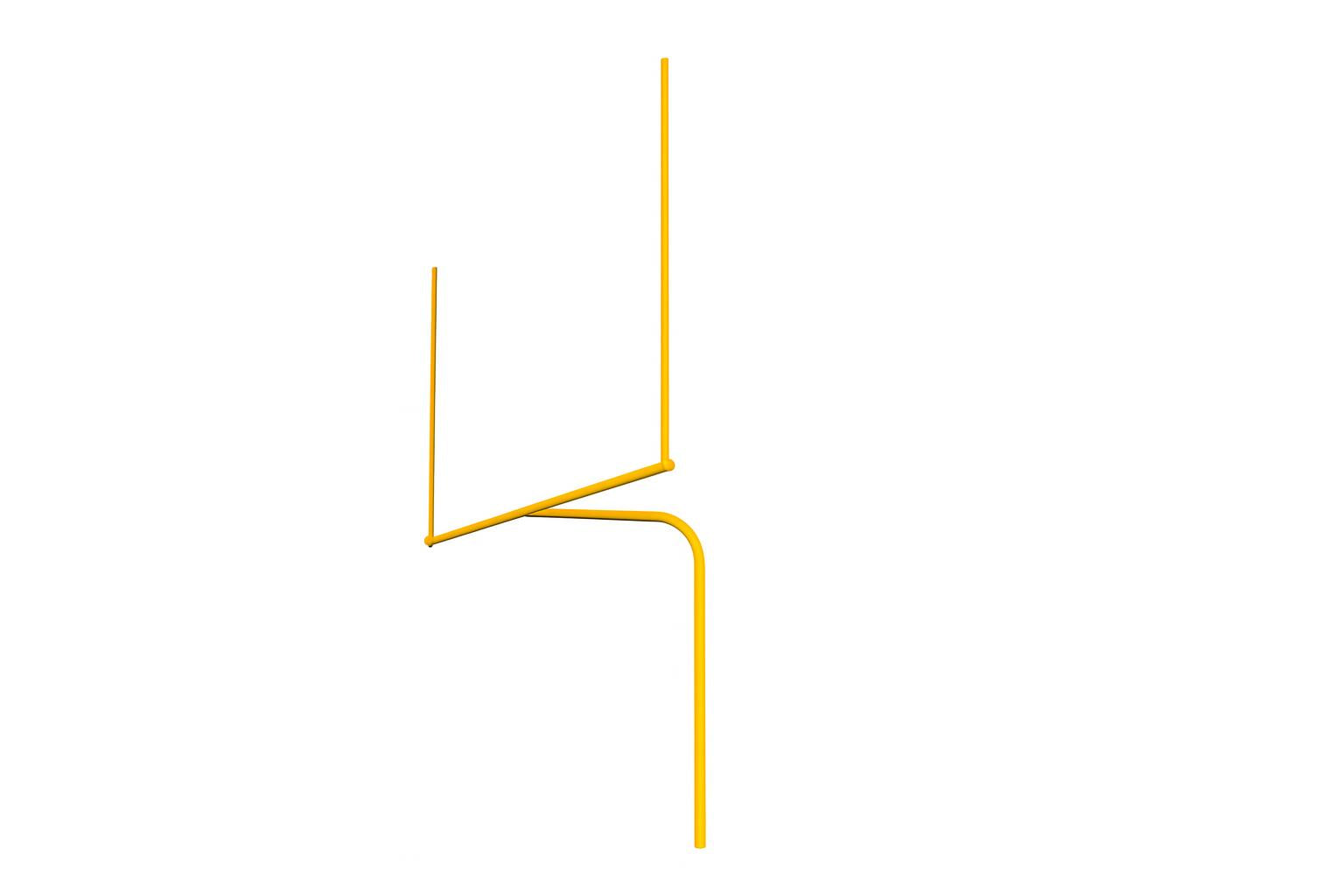 Single Post Pitch Fork Field Goal with yellow bent steel uprights and crossbar on grassy field under clear sky