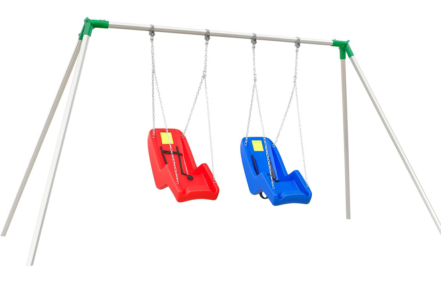 Standard 8 Foot High ADA Swing Set with metal frame and two adaptive seats in red and blue on grassy playground