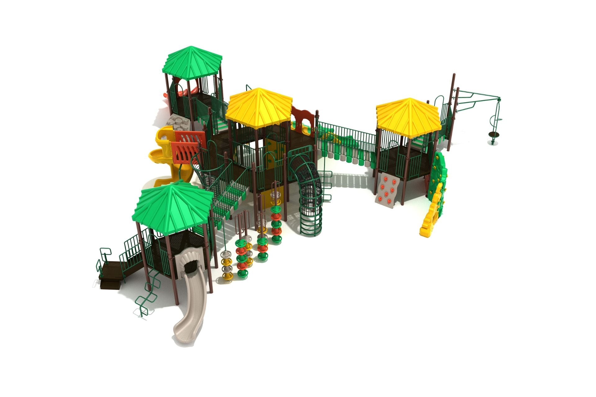 Overhead view of Tall Timbers Playground large play system with green and yellow roofs, slides, climbing walls, bridges, and multiple play zones