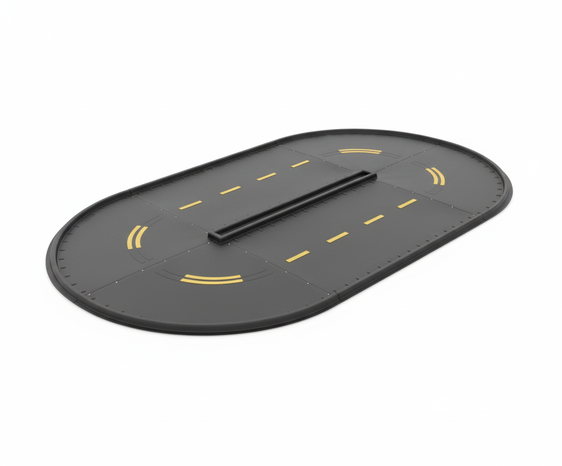 Oval-shaped black trike path with yellow road markings and central divider for safe, active outdoor play and riding.