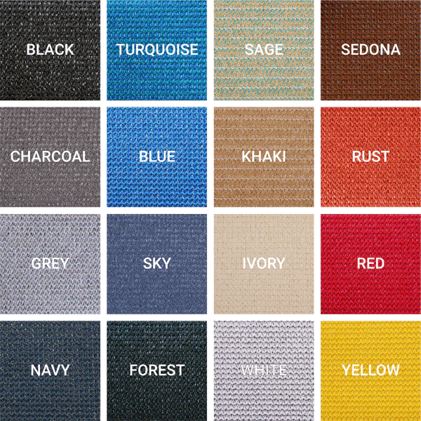 Close-up grid of textured fabric swatches in various colors including black, turquoise, sage, sedona, charcoal, blue, khaki, rust, grey, sky, ivory, red, navy, forest, white, and yellow.