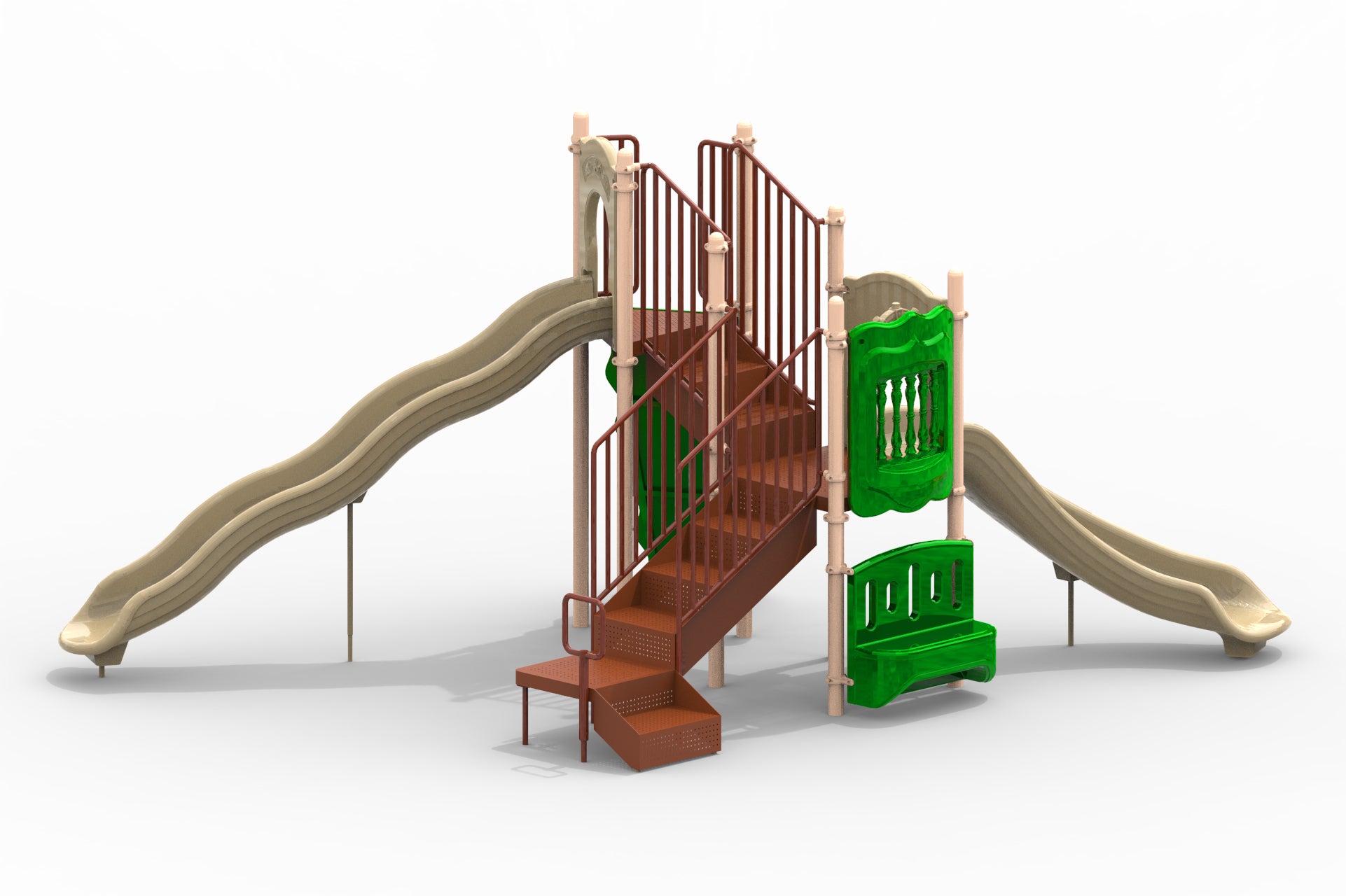 Playground structure with two beige slides, brown stairs with railings, green interactive panels, and a rock climbing wall.