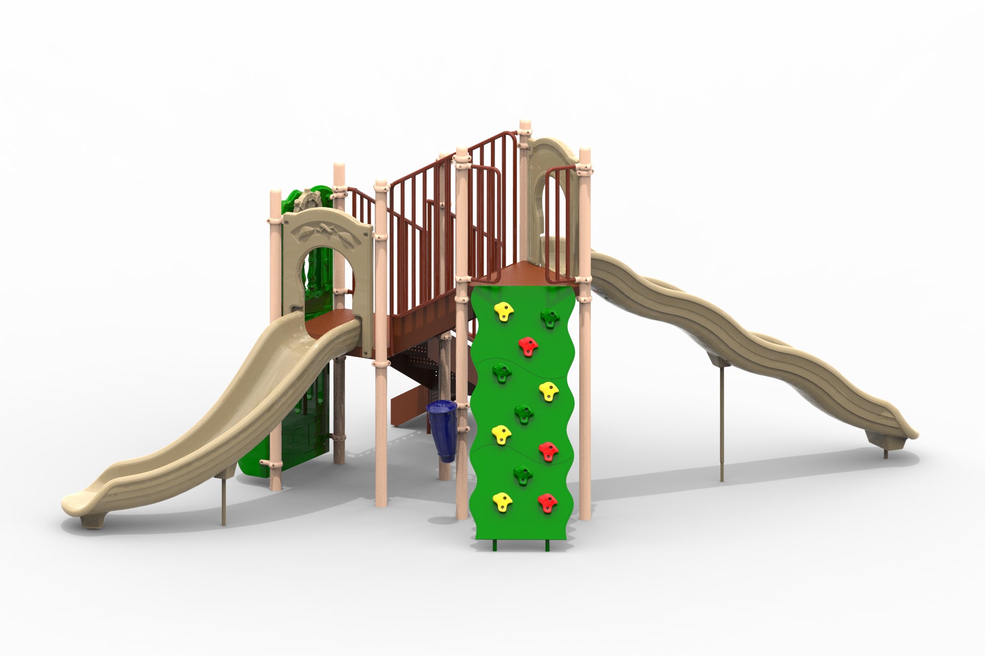 Timber Glen Playground with natural-colored wave and curved slides, green rock climbing wall, and brown railings
