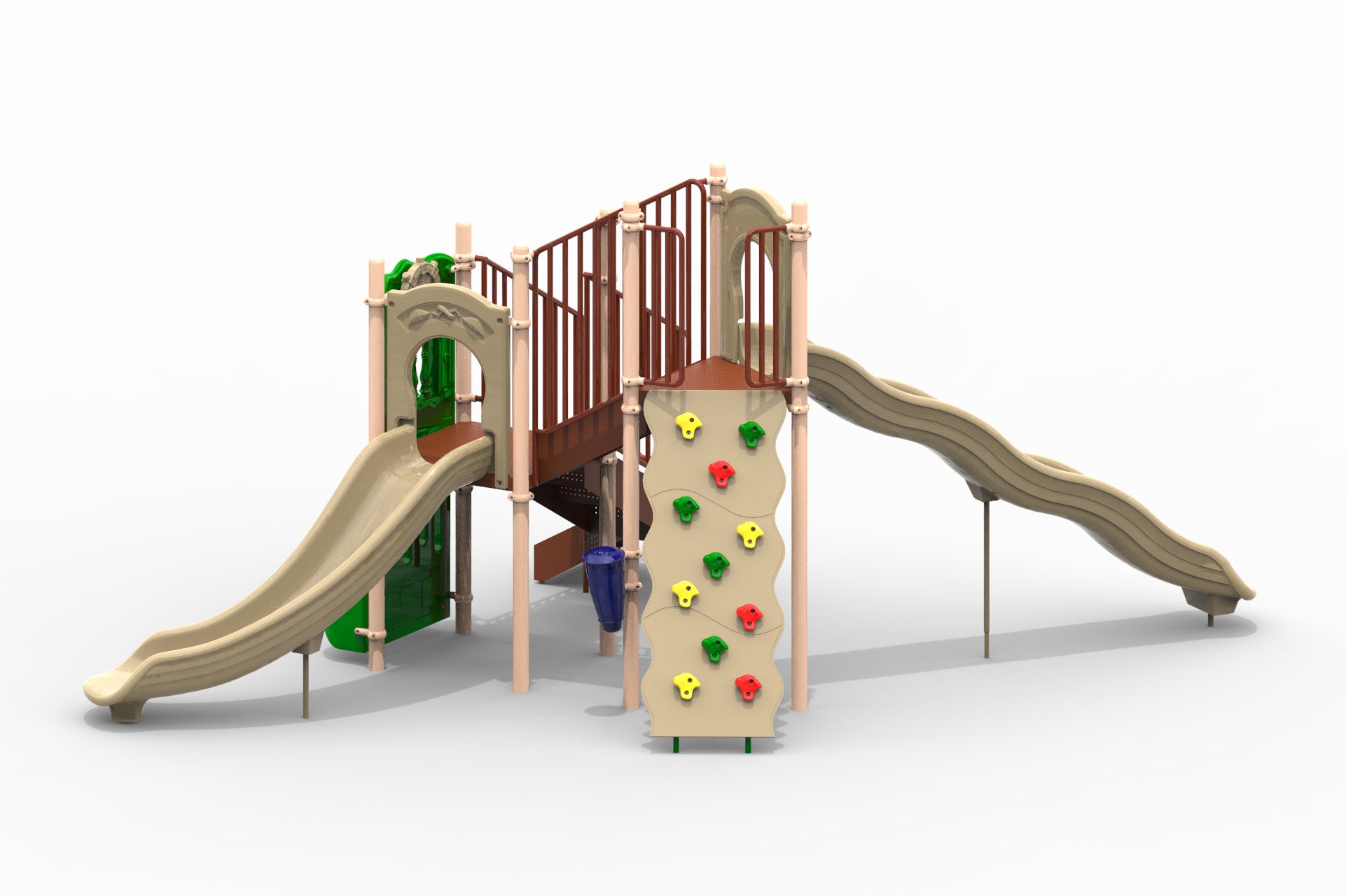 Playground structure with two beige slides, colorful rock climbing wall, and brown railings in natural tones