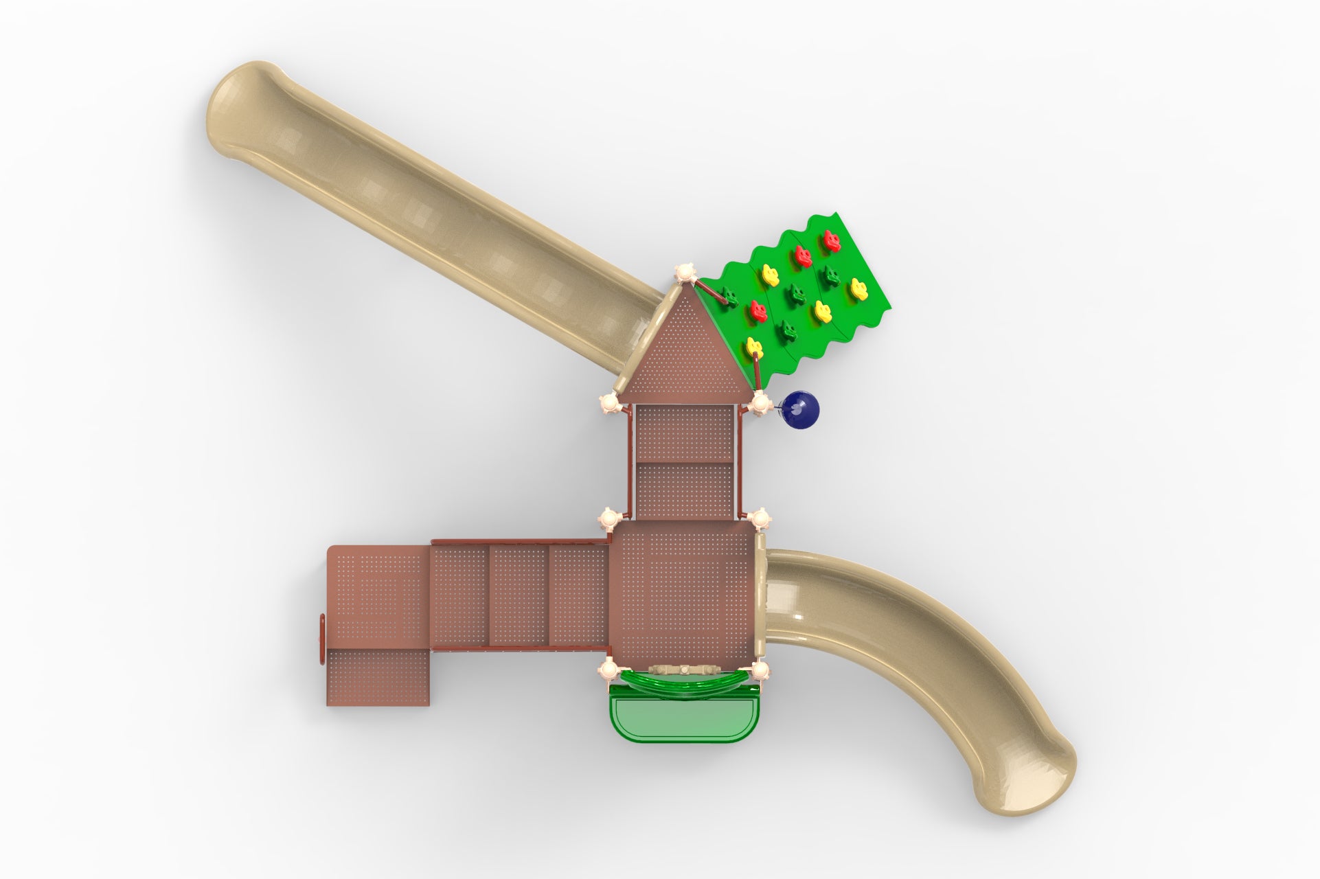 Overhead view of playground with two beige slides, green climbing wall with colorful holds, and brown platforms