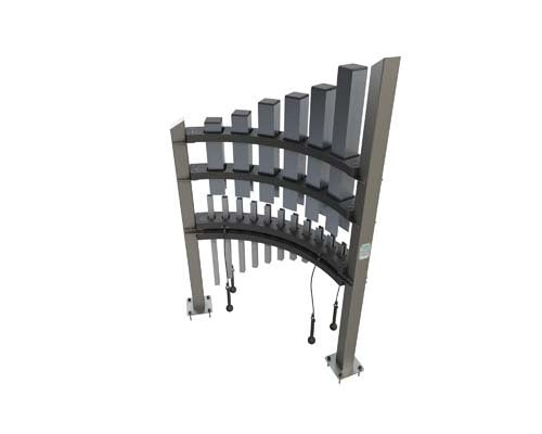 Titan Tines outdoor musical park instrument with vertical anodized aluminum tubes in curved modern design, tuned to C Major Pentatonic scale