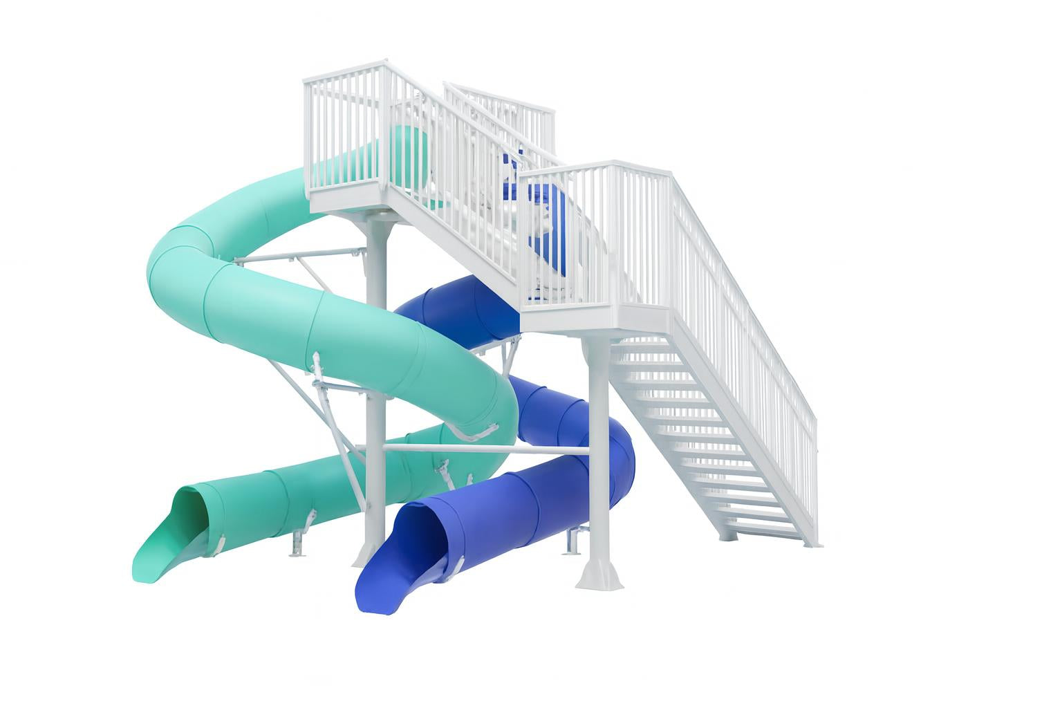Niagara Falls Water Slide with dual twisting blue and teal flumes and white open stair design at poolside