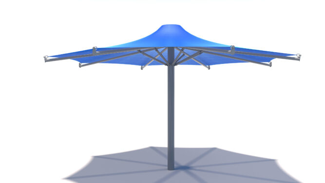 Modern blue 8-point shade structure with a single central column and sloped canopy casting an octagonal shadow